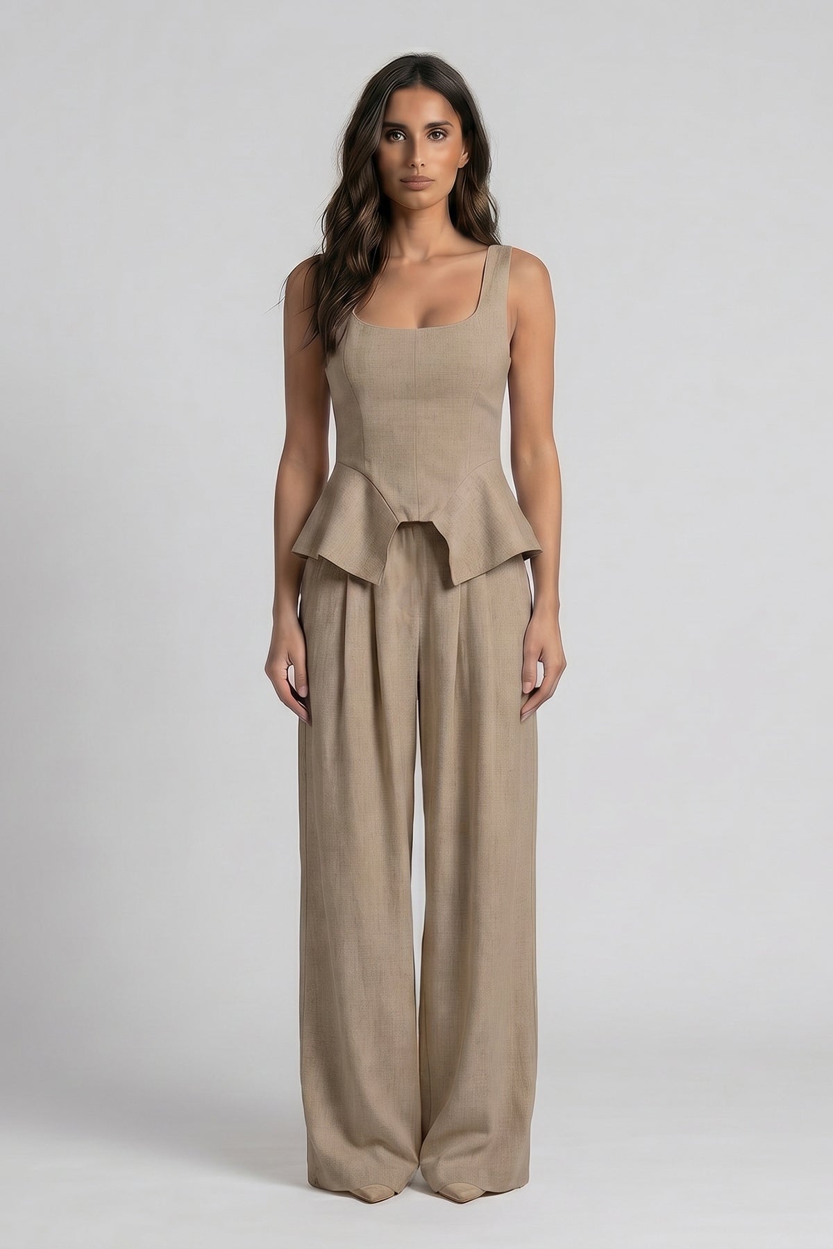 Beige Linen-Style Set with Wide Legs