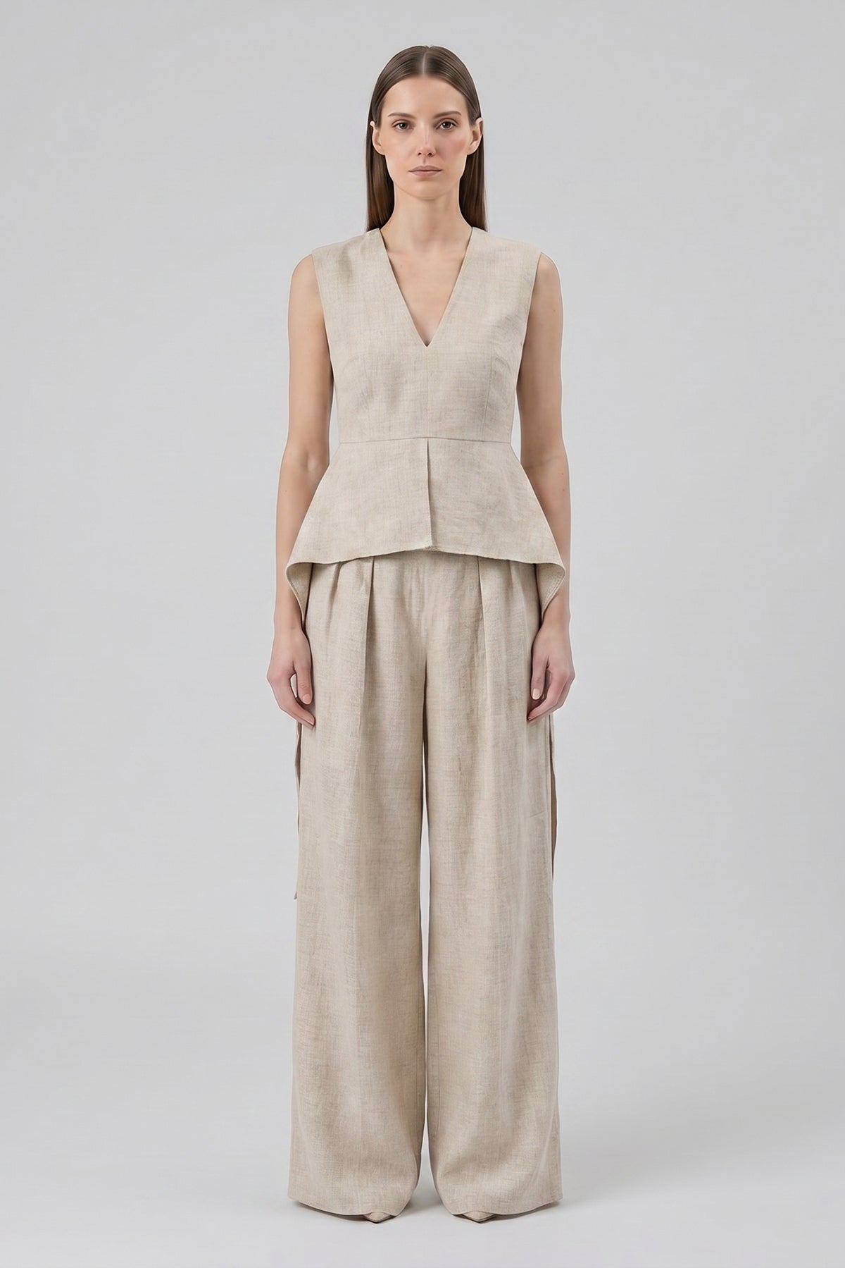 Set din in ivoire cu top peplum și pantaloni wide-leg