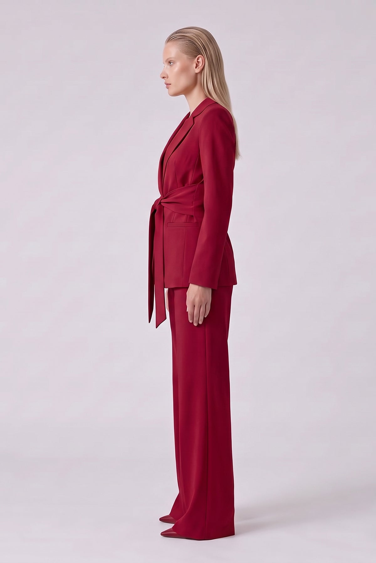 Red Suit with Belted Blazer and Wide-Leg Trousers