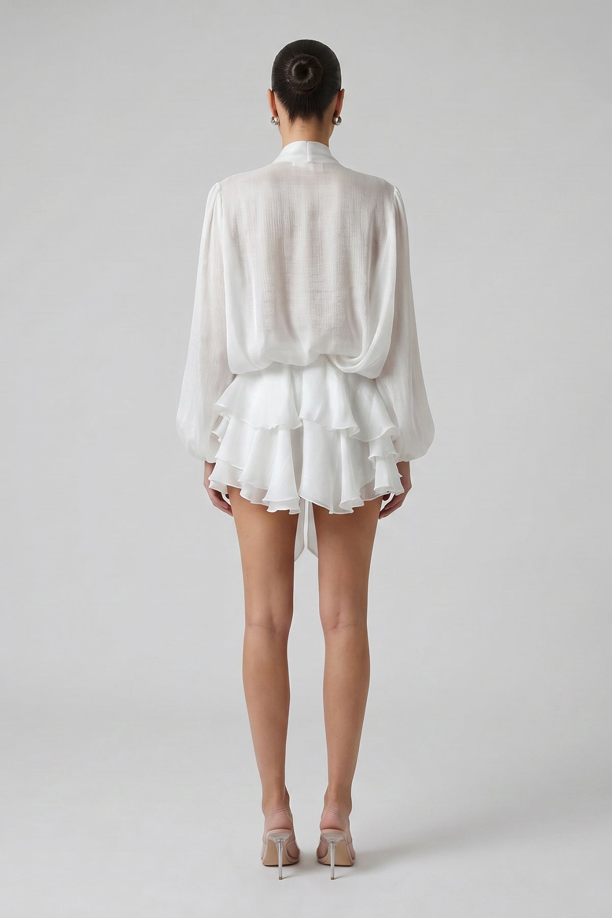 White Shimmering Viscose Set with Scarf and Ruffled Skirt