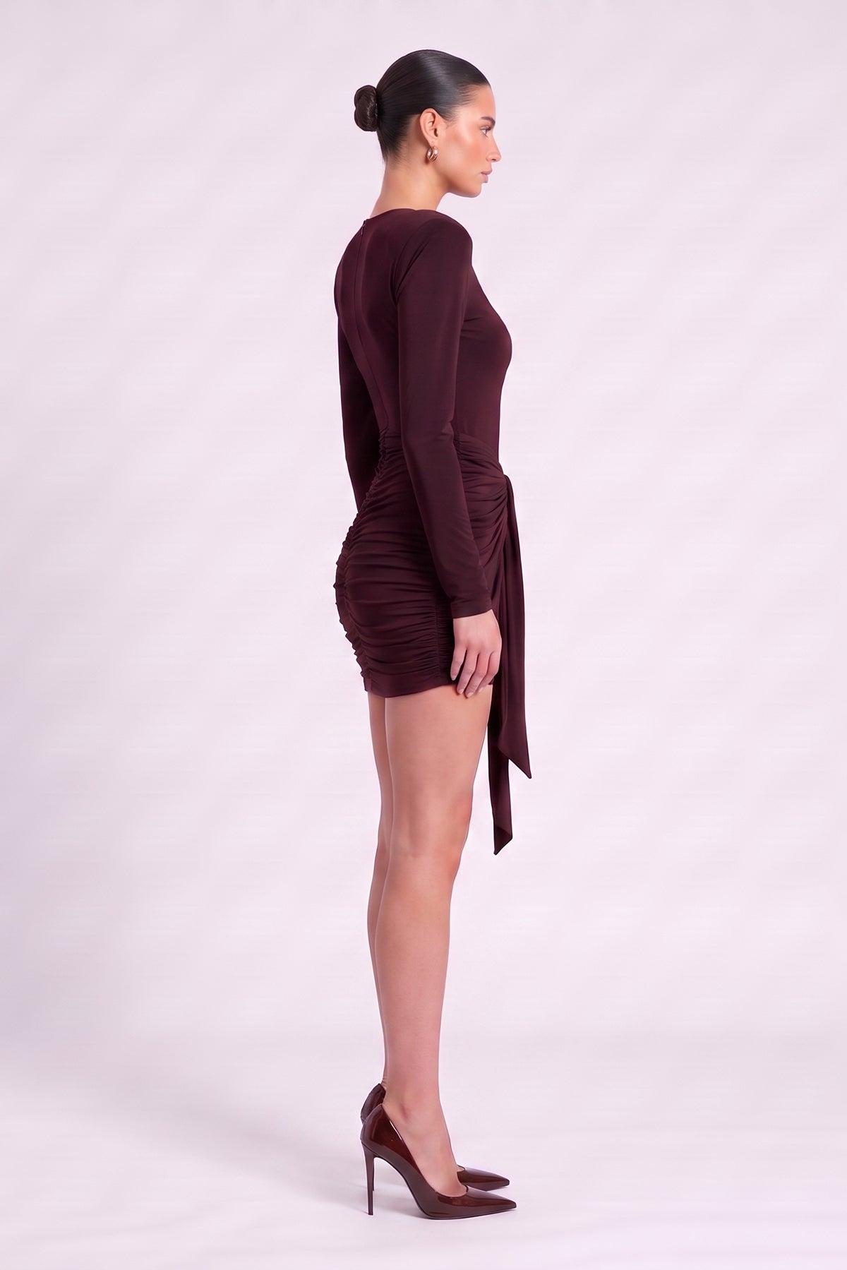 Burgundy Draped Mini Dress with Scarf Details