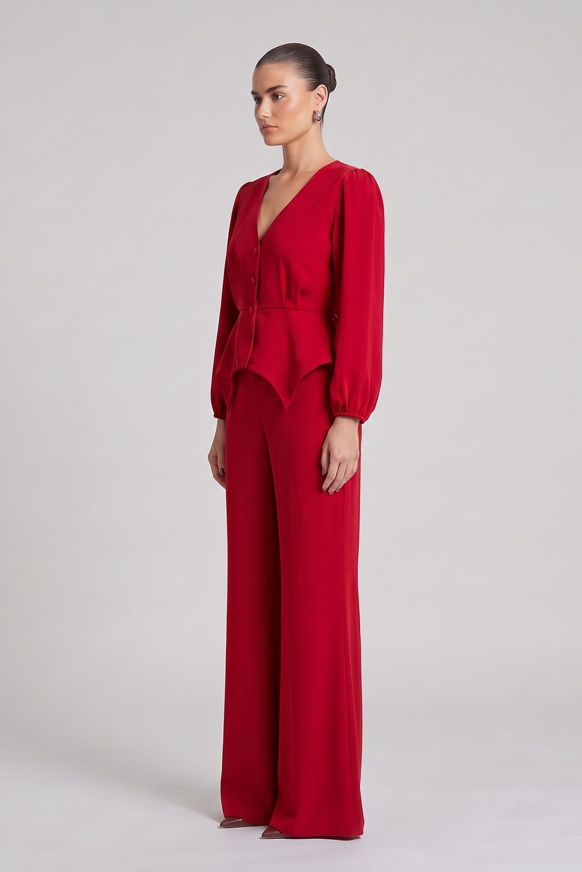 Red Set with Structured Peplum Top and Flared Trousers