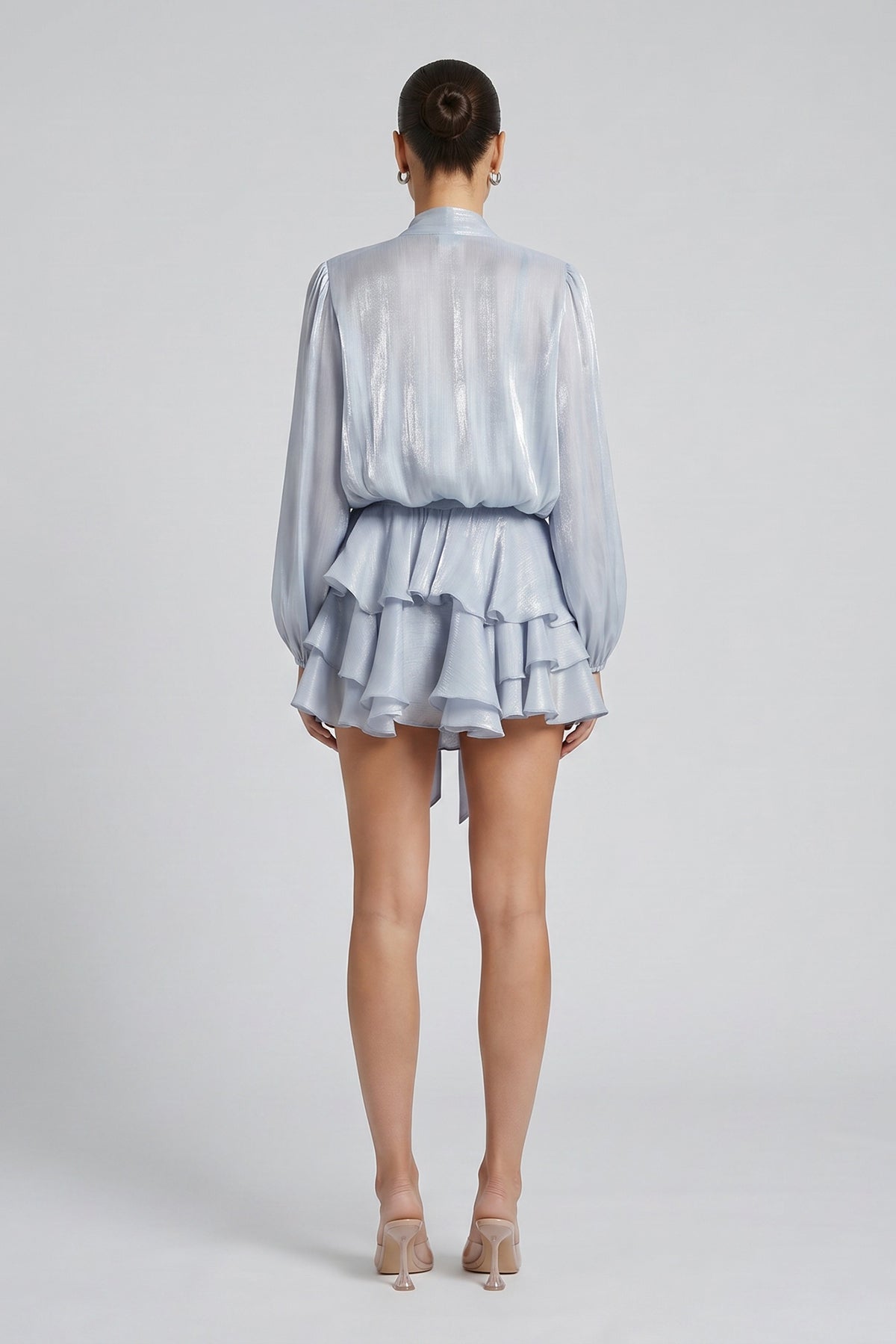Grey-Blue Shimmering Viscose Set with Scarf and Ruffled Skirt