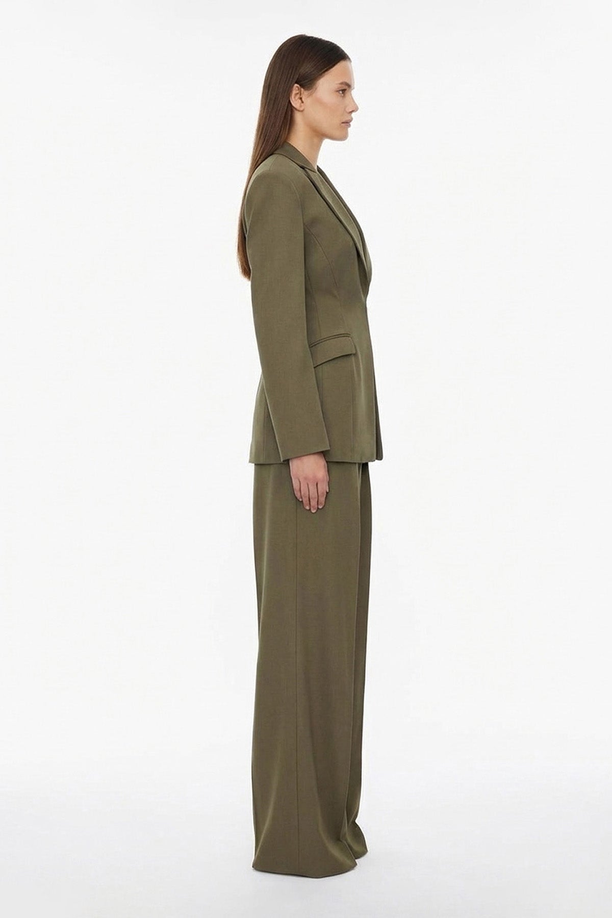 Khaki Suit with Balloon Blazer and wide leg trousers