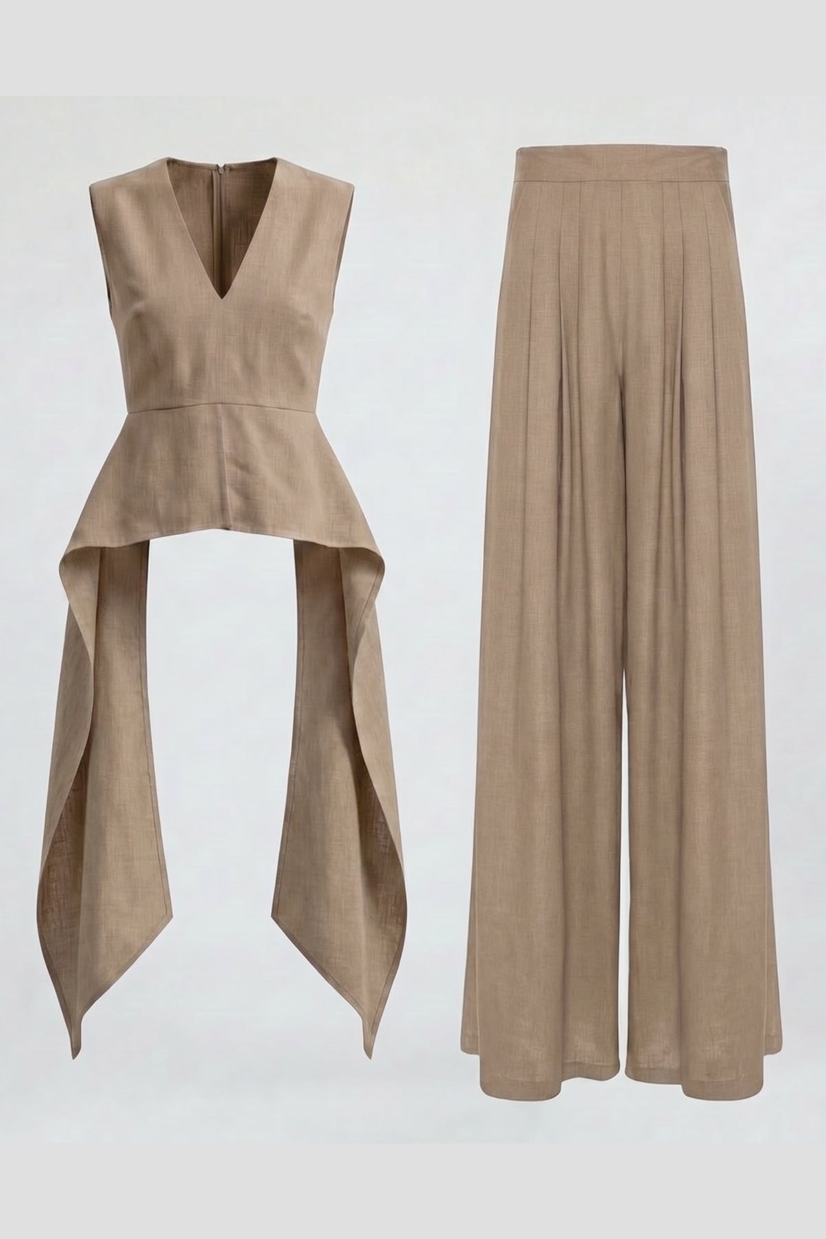 Beige Linen Peplum Top & Wide-Leg Trousers Set