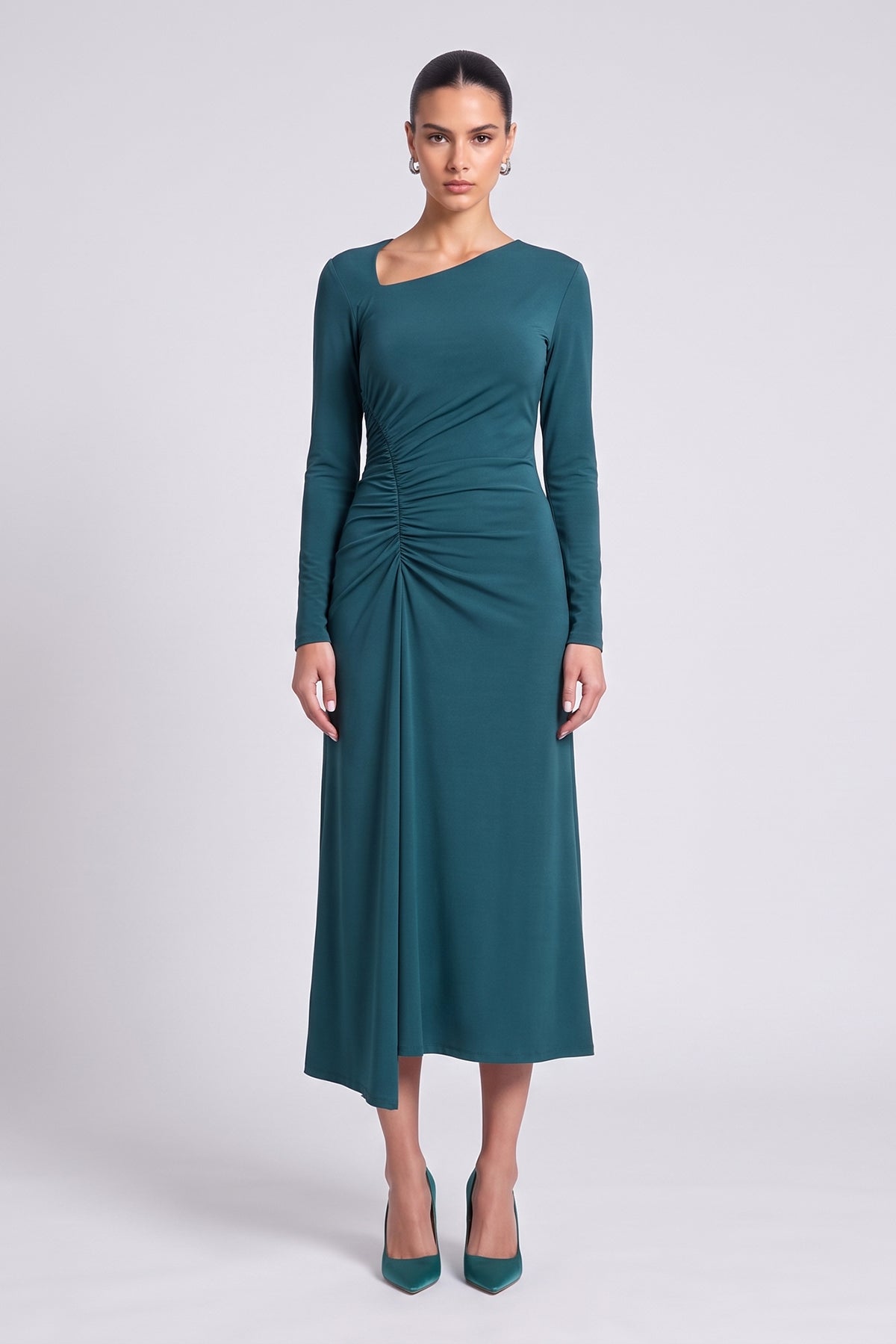 Turquoise Midi Dress with Asymmetric Neckline and Side Draping