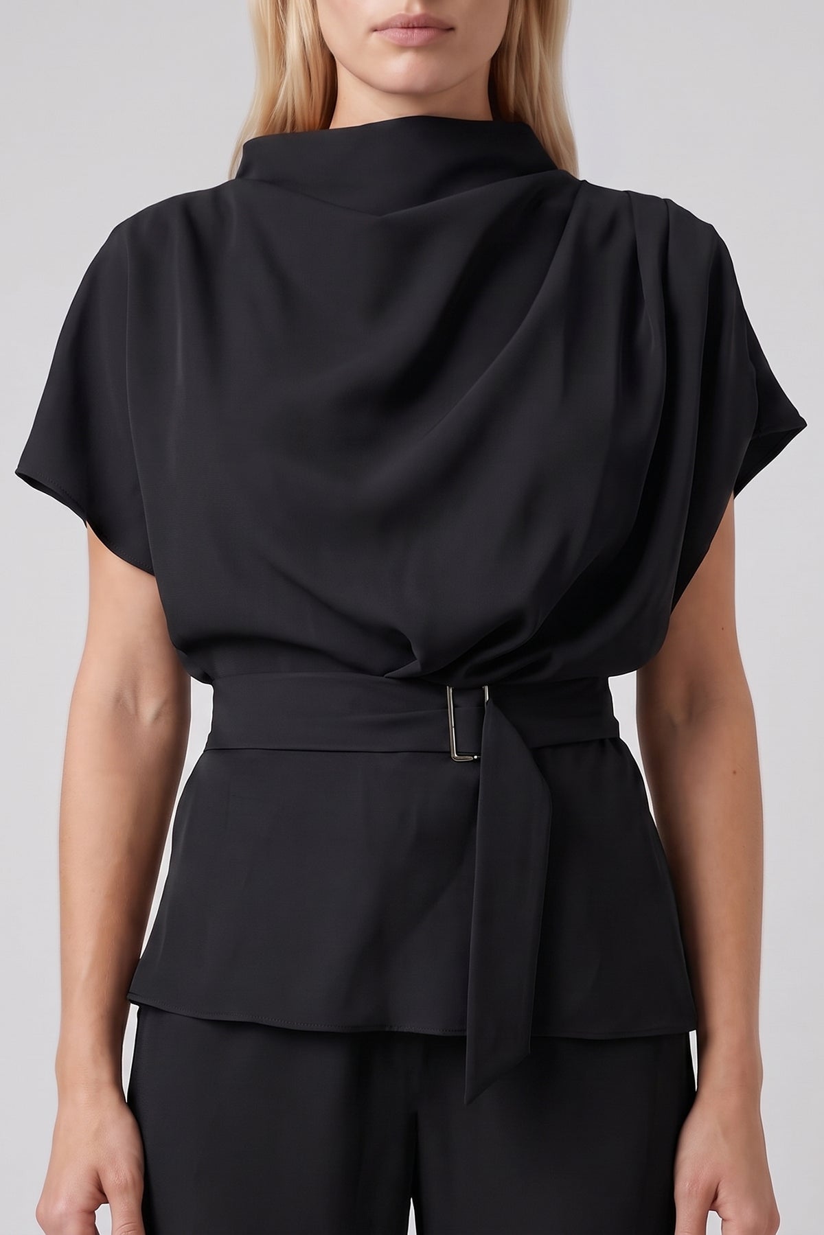 Black Set with Draped Top, Defined Waist and Wide-Leg Trousers