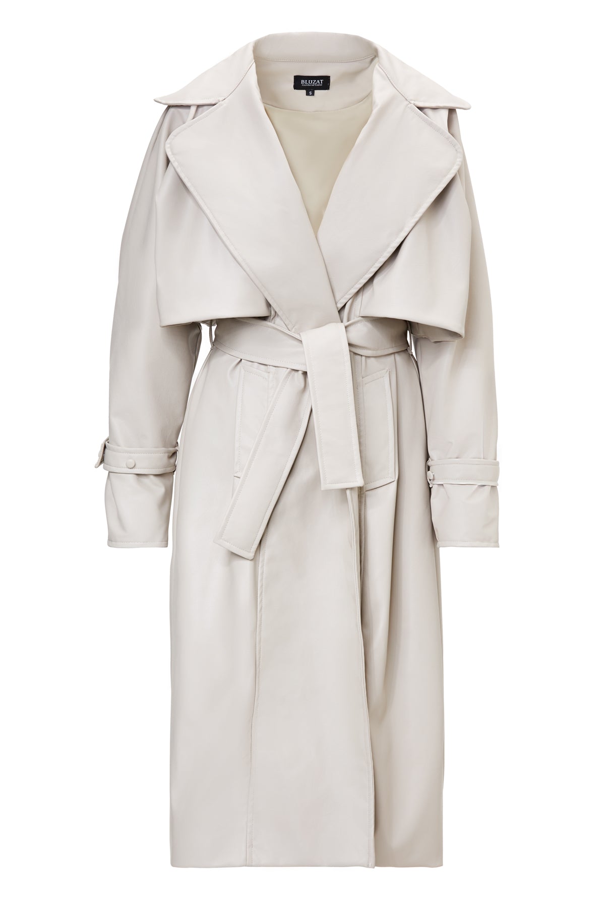 Beige Leather Raglan Sleeve Trench Coat With Belt