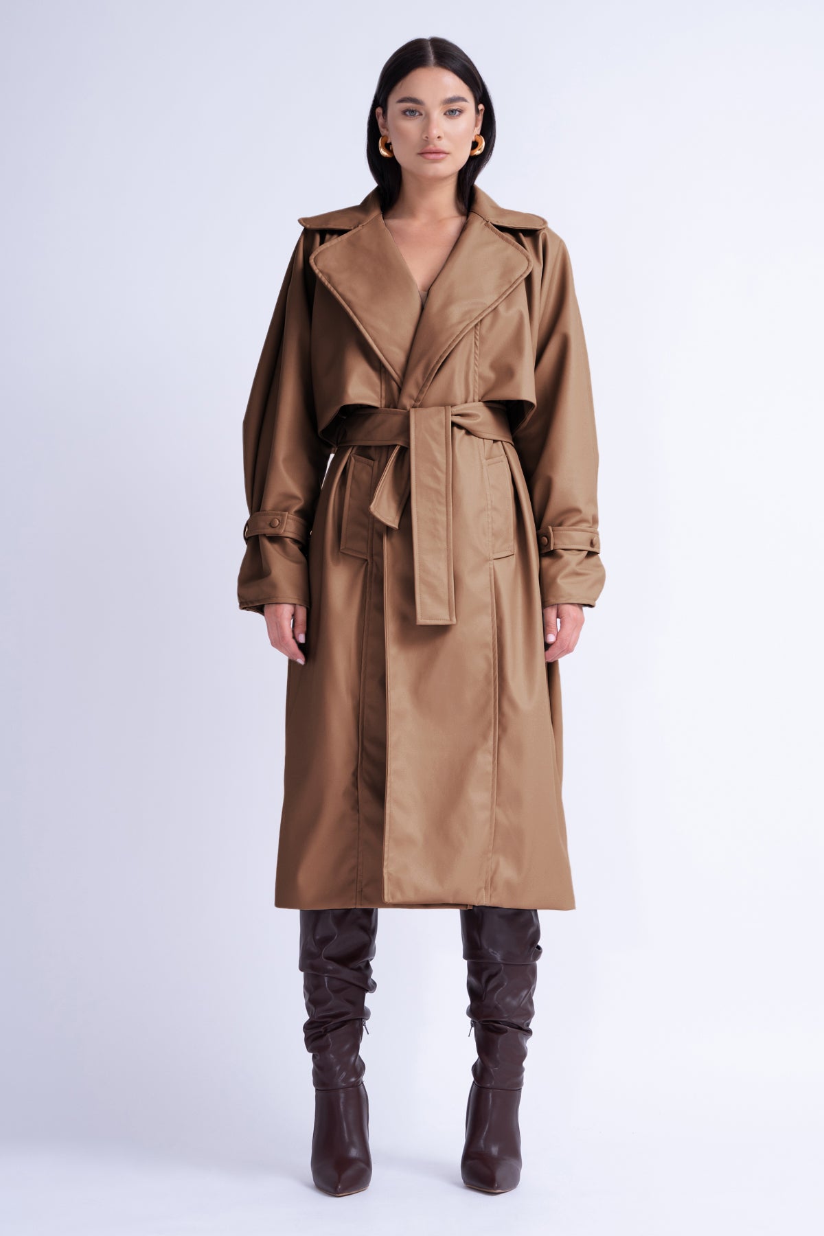 Camel leather trench coat sale