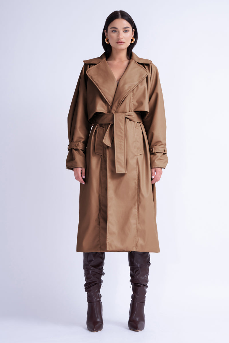 Camel Leather Raglan Sleeve Trench Coat With Belt