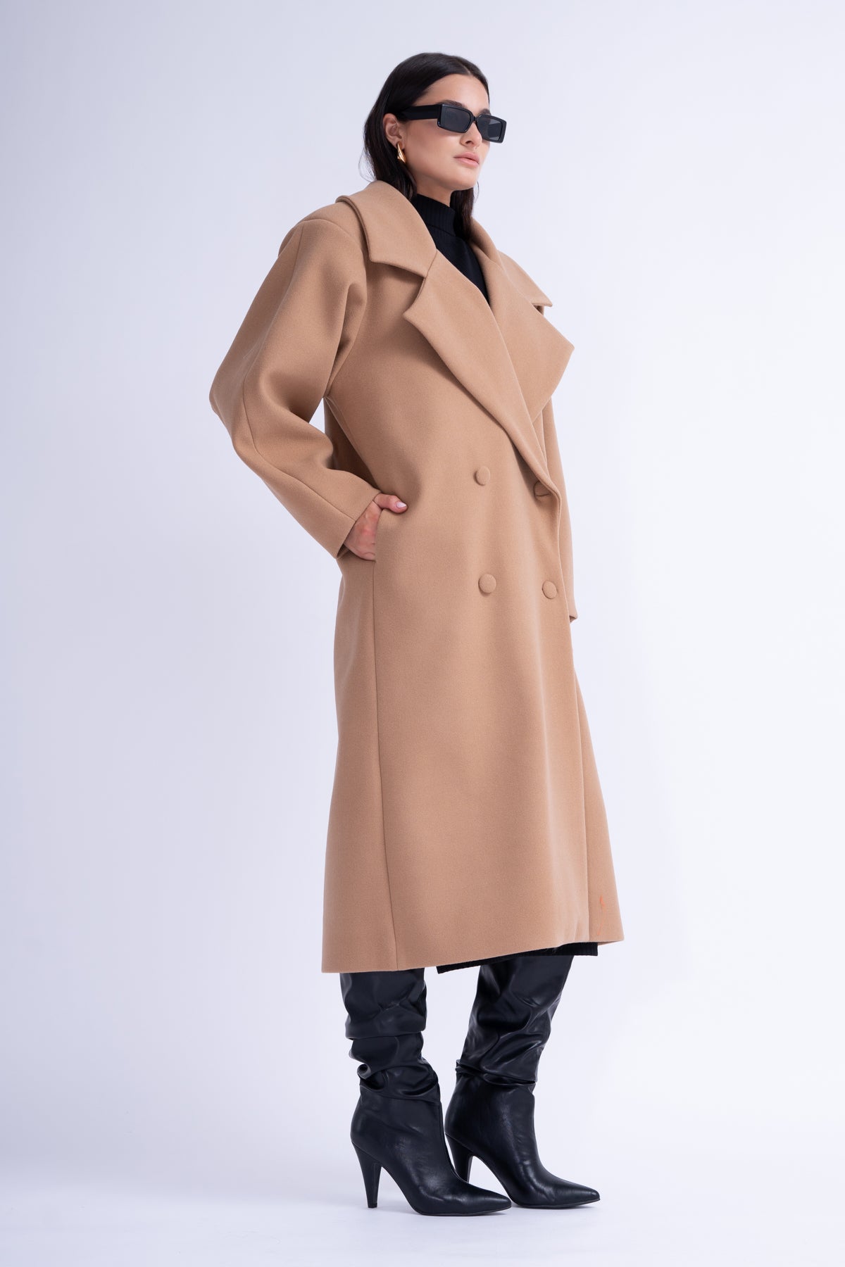 Camel Structured Wool Coat With Oversized Lapels
