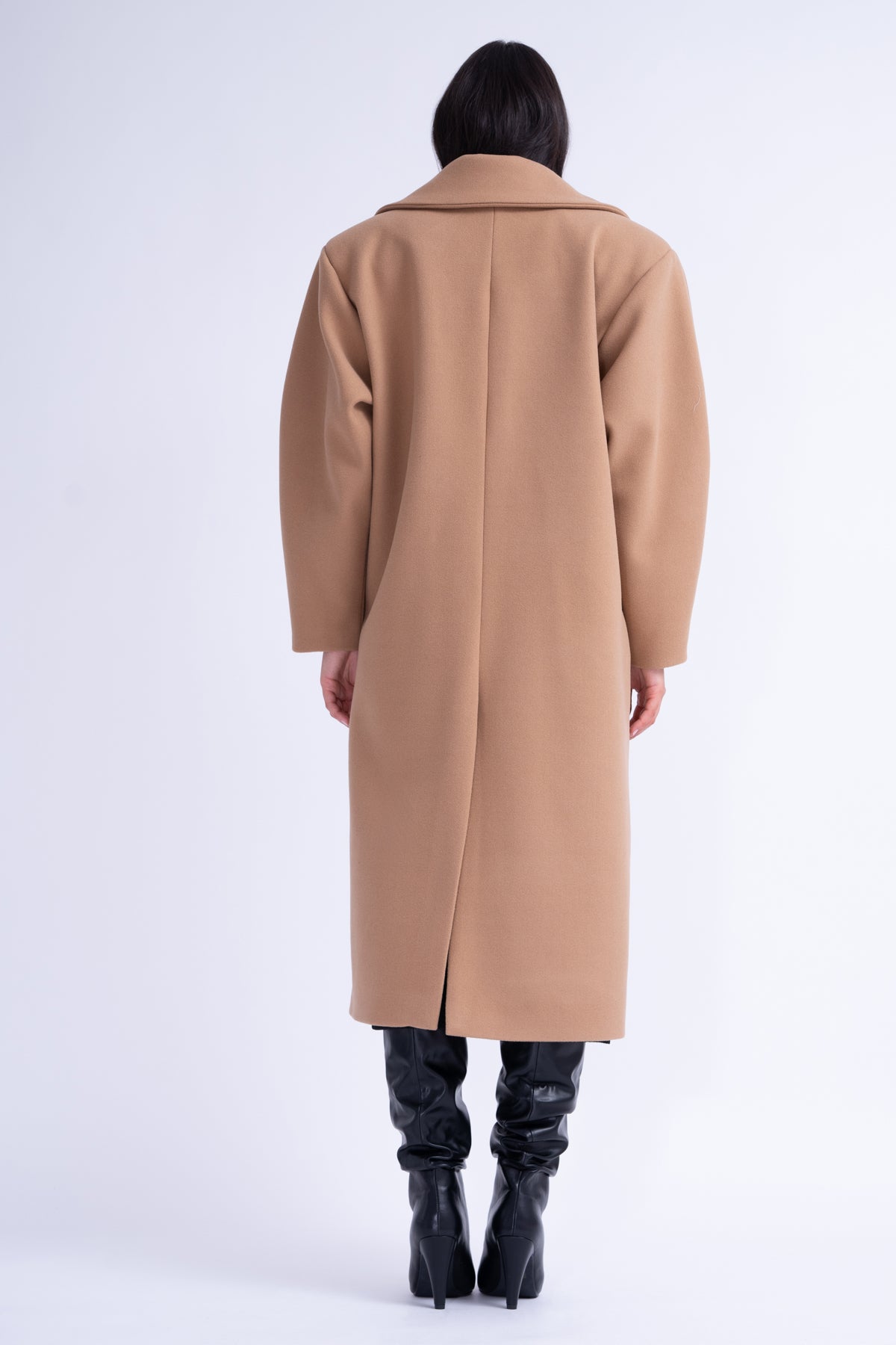 Camel Structured Wool Coat With Oversized Lapels