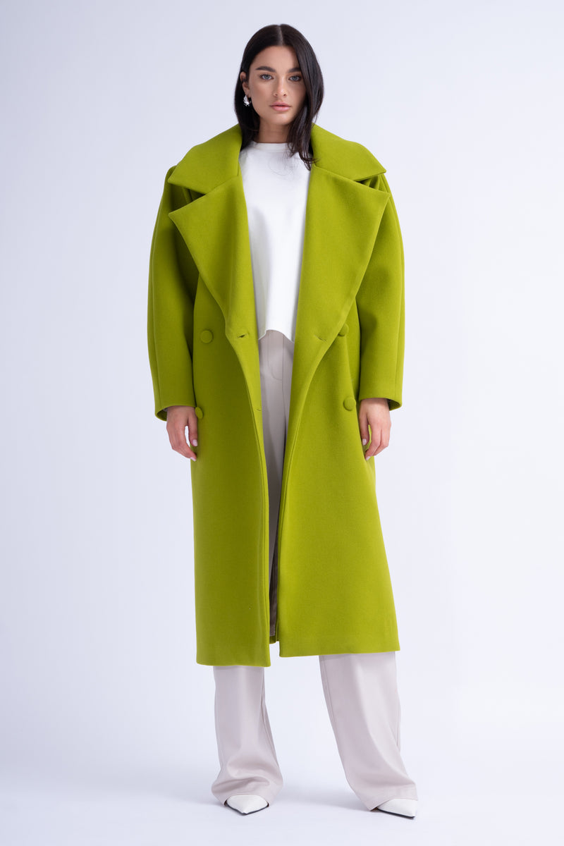 Green Structured Wool Coat With Oversized Lapels
