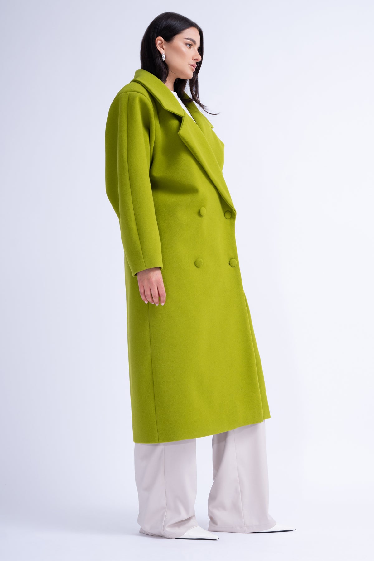 Green Structured Wool Coat With Oversized Lapels