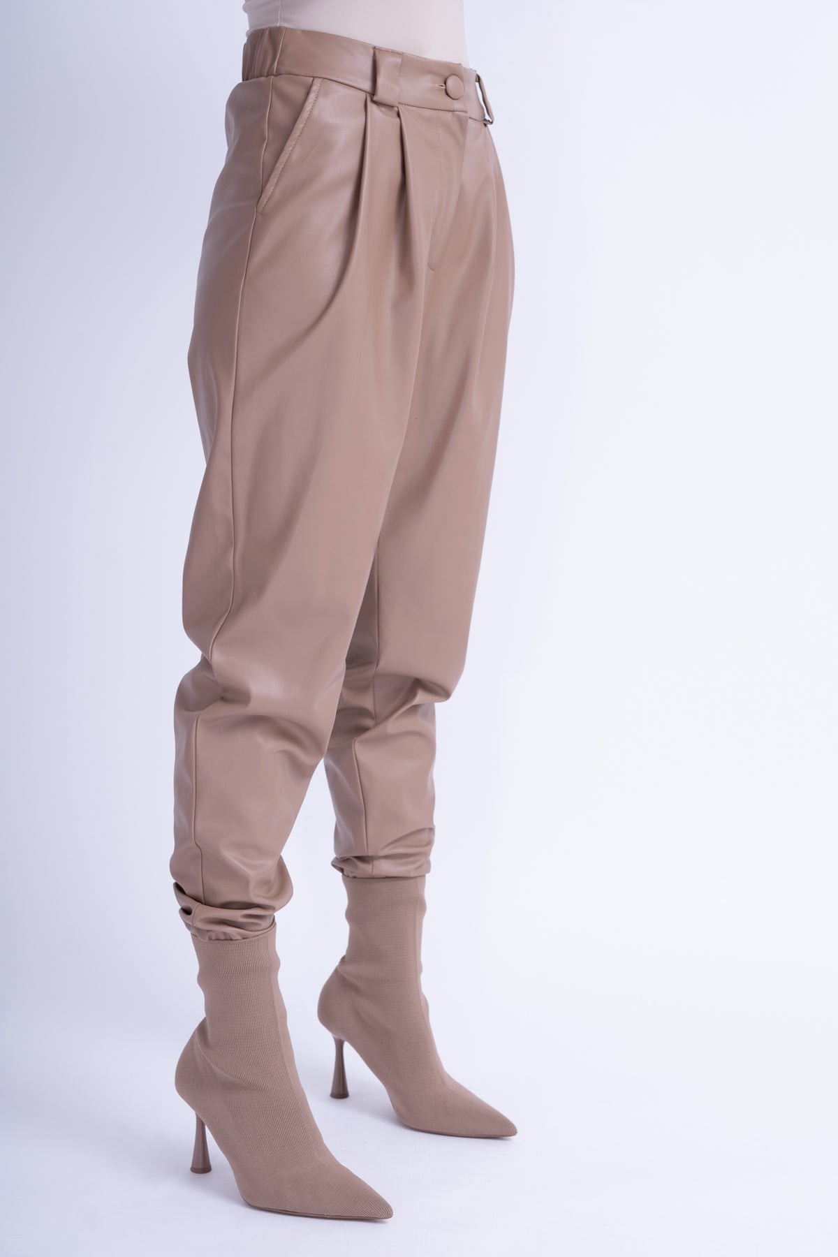 Beige Leather High-Waist Slim Fit Trousers