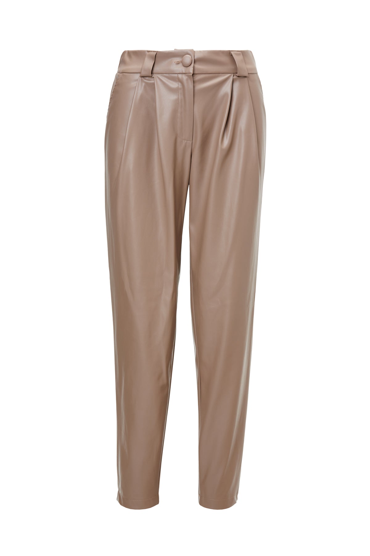 Beige Leather High-Waist Slim Fit Trousers