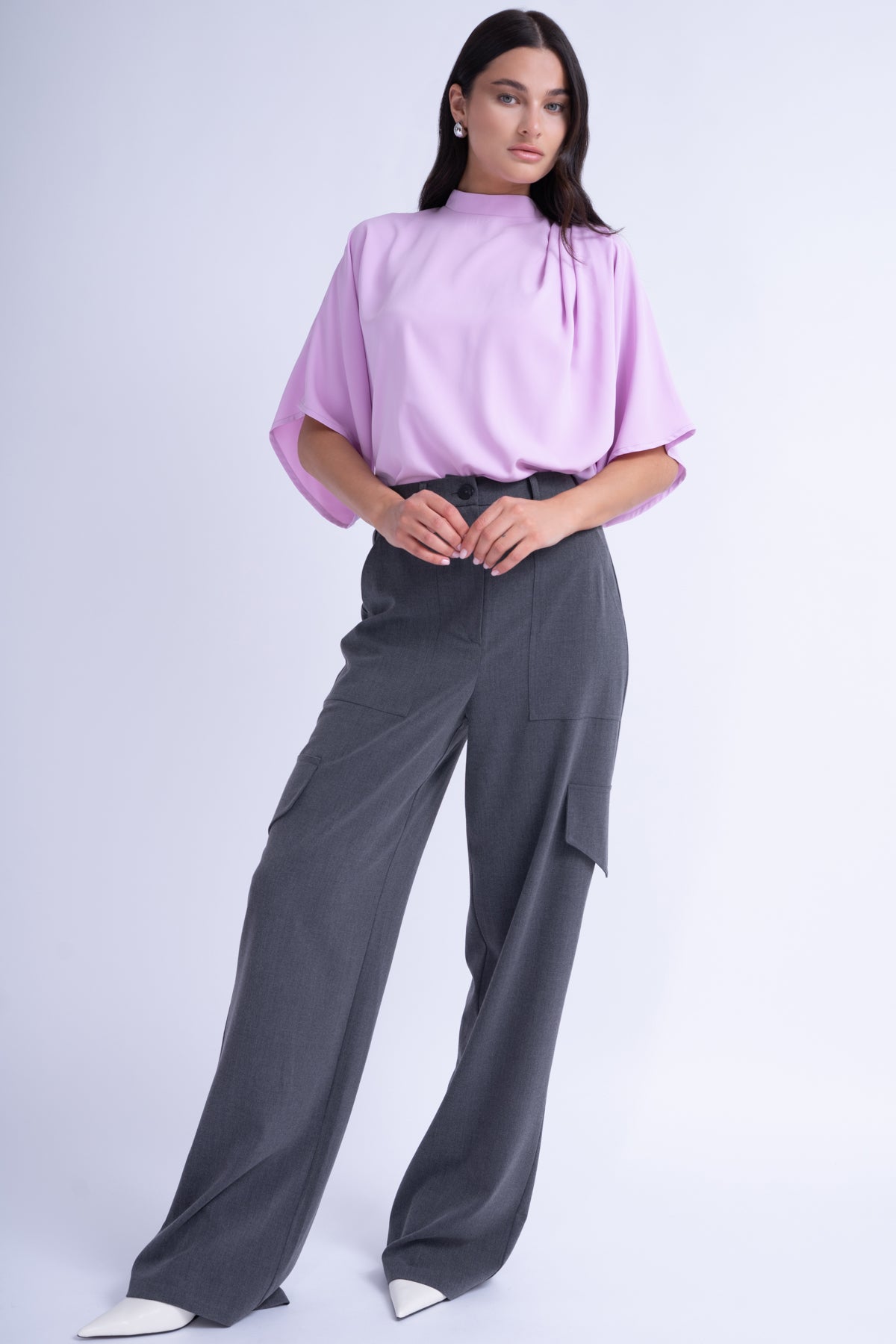 Grey Wide Leg Trousers With Pockets