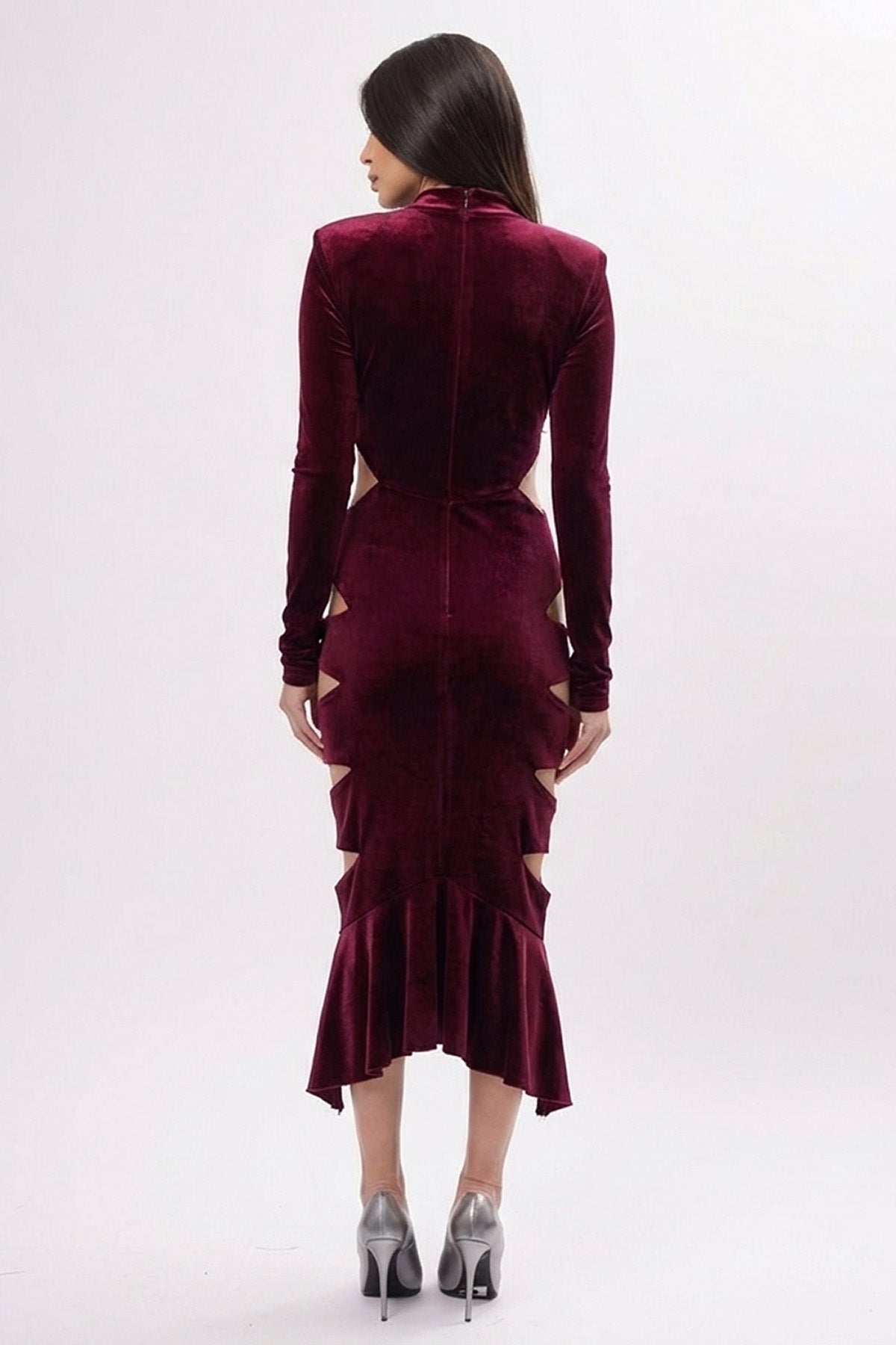 Burgundy Velvet Midi Dress With Cut-Outs And Asymmetric Ruffle Hem