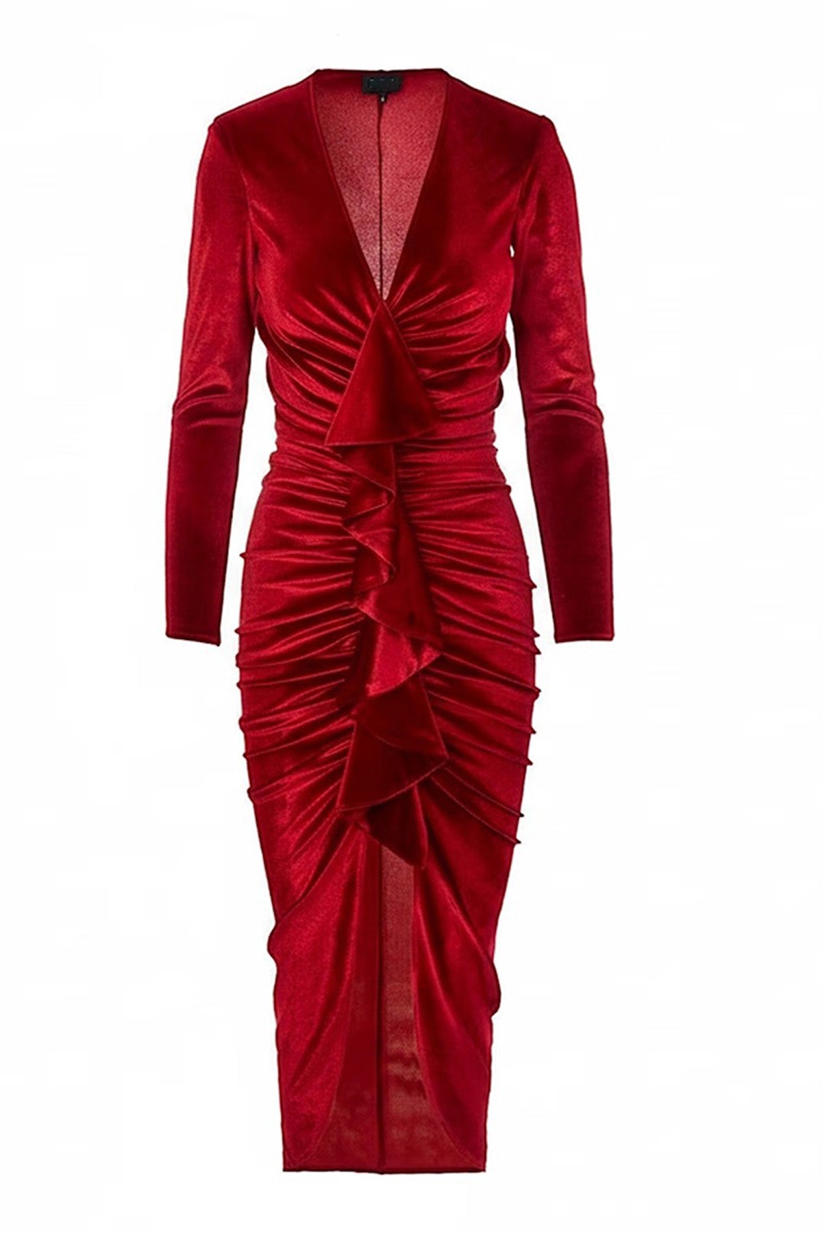 Rochie din catifea rosie cu volan