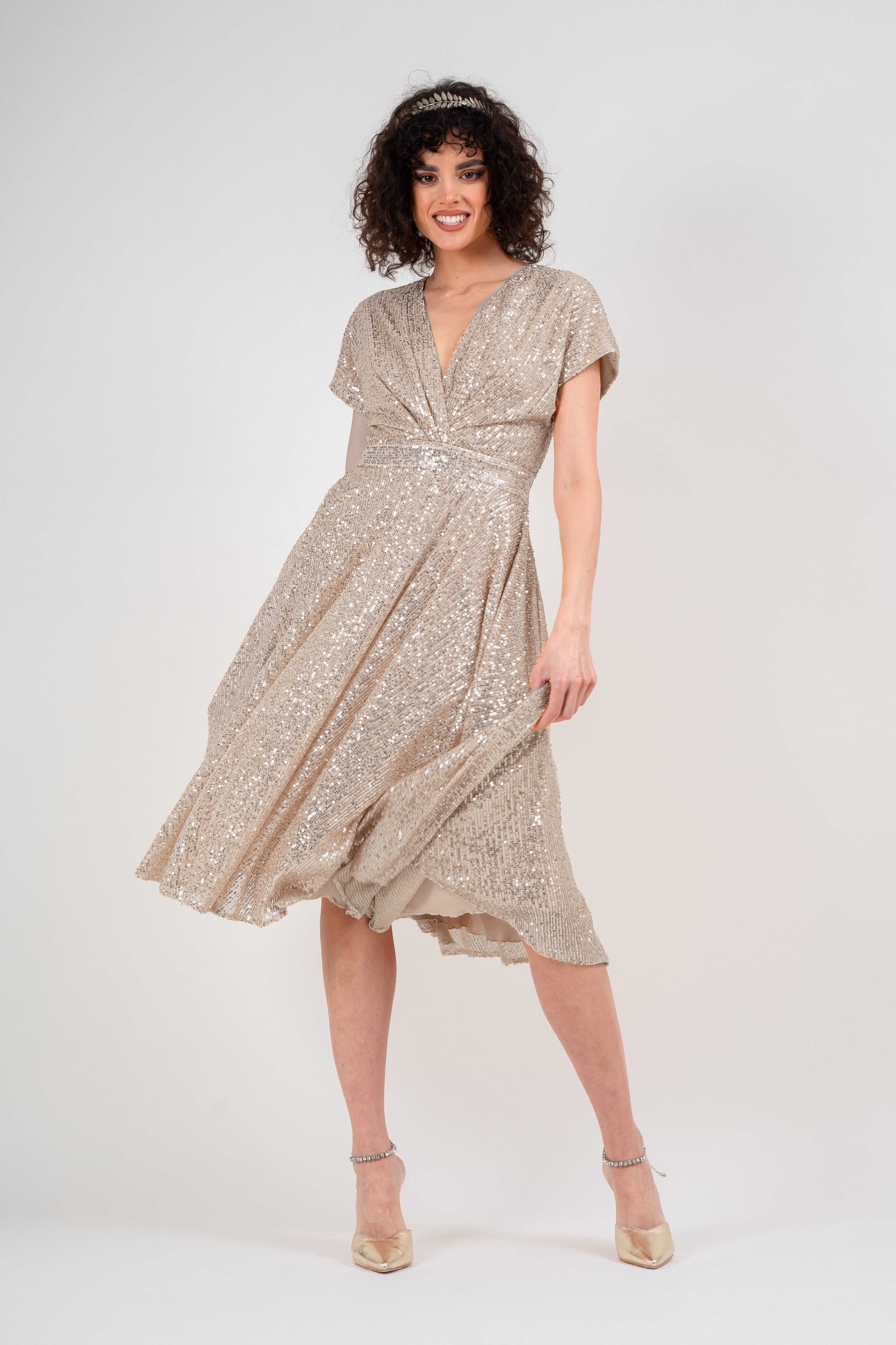 Gold sequin midi cocktail dress