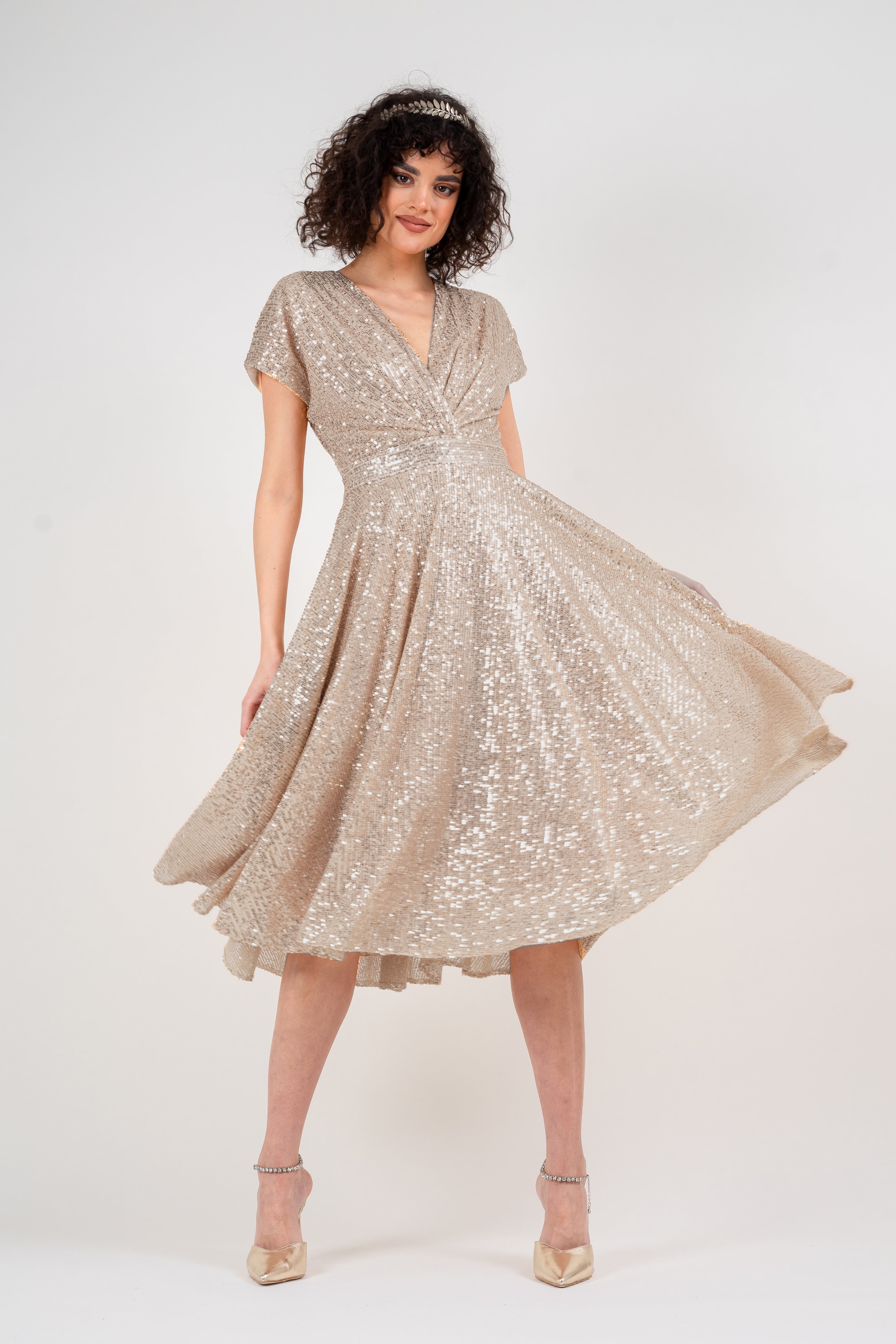 Gold sequin midi cocktail dress