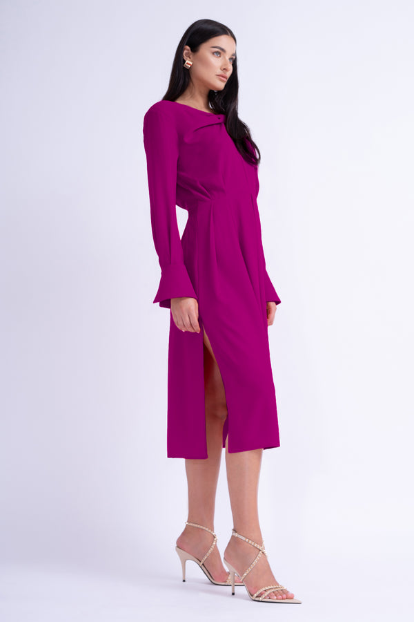 Fuchsia Midi Dress With Ring Detail And Pleats