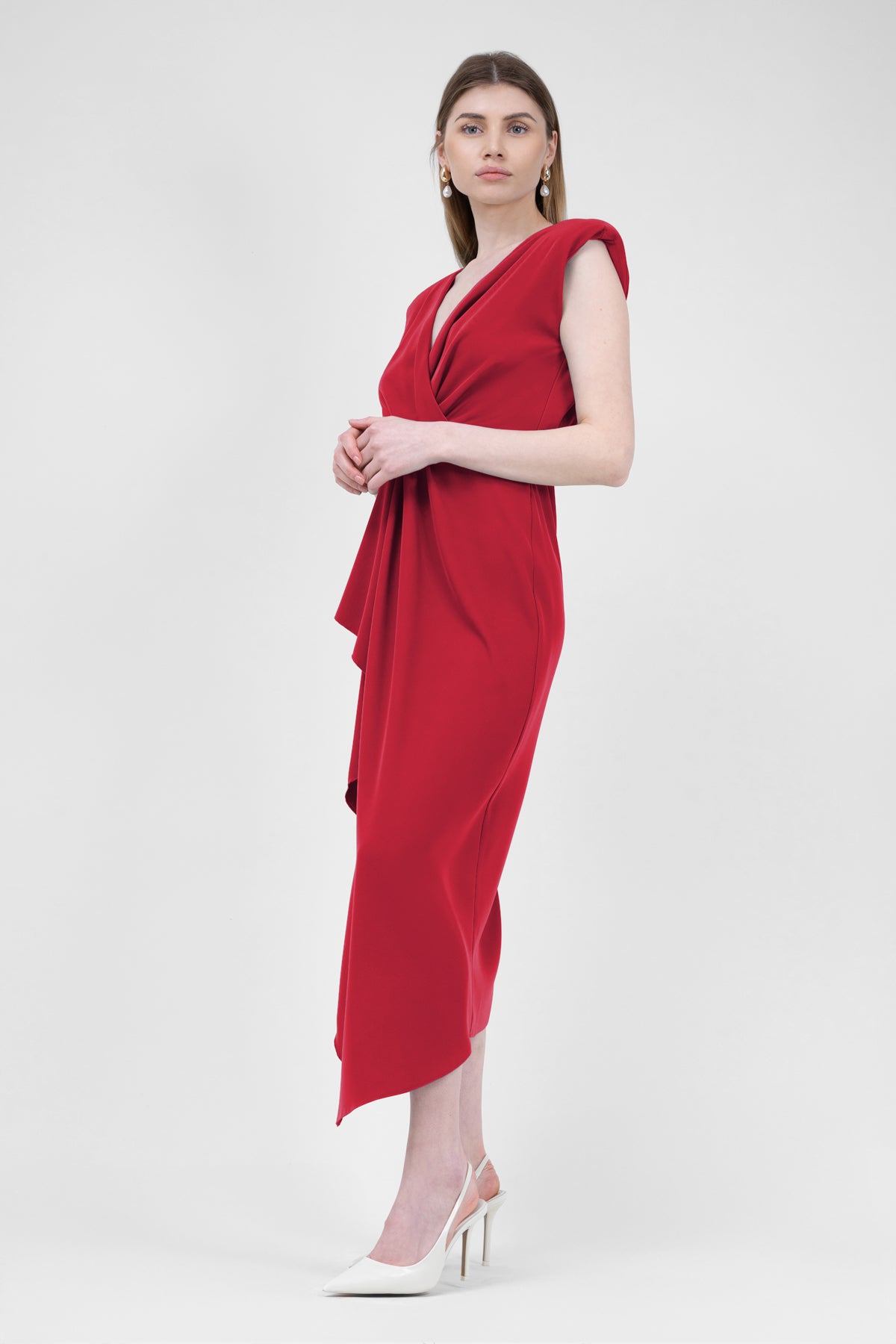 Midi red dress with draping detailing and pleats