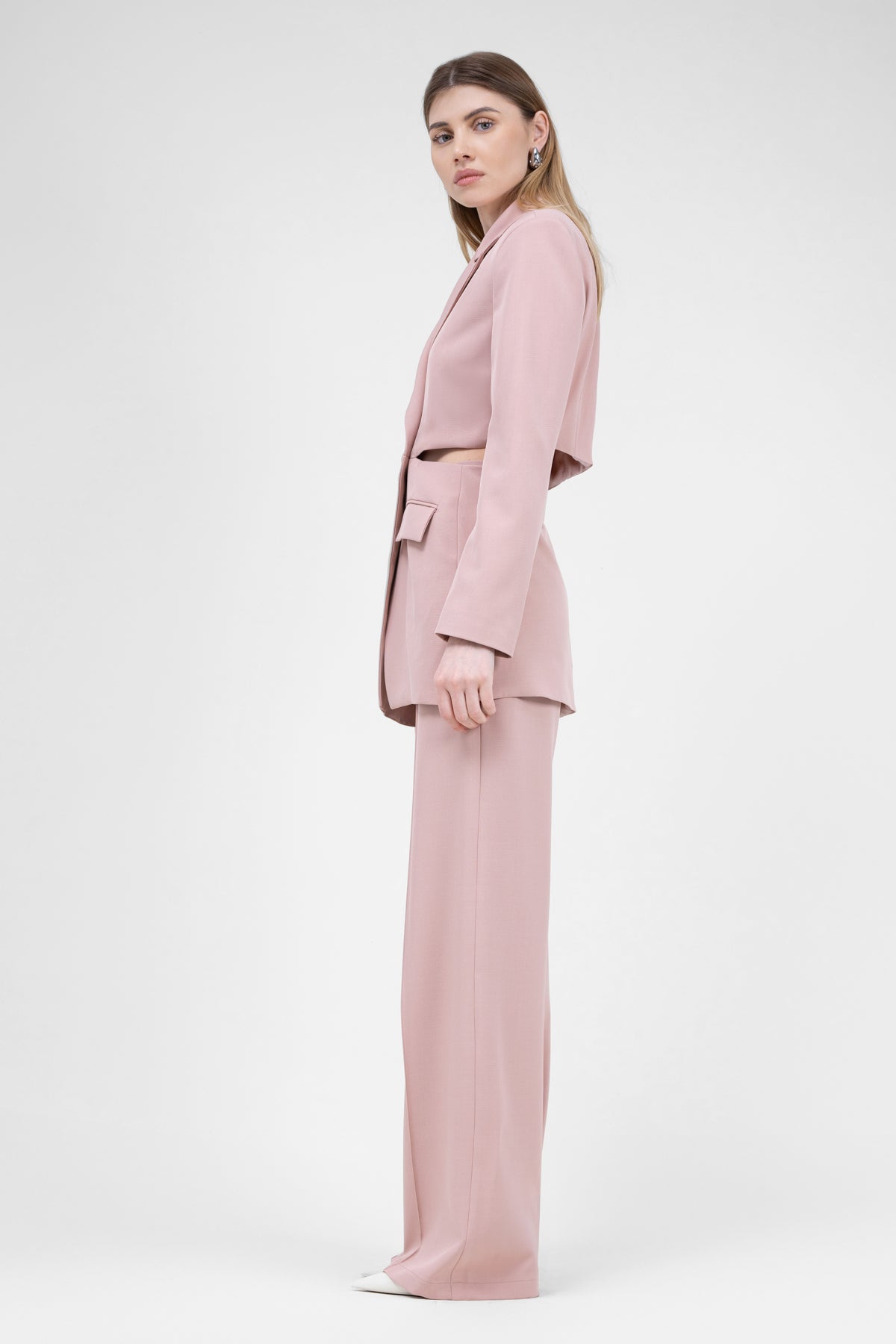 Pastel Pink Suit With Blazer With Waistline Cut-Out And Stripe Detail Trousers