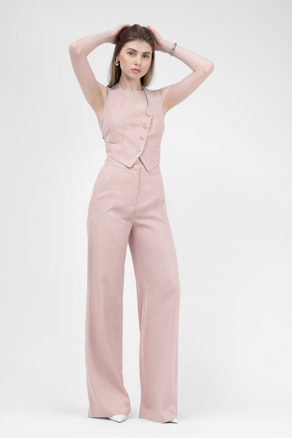 Pastel Pink Linen Suit With Cut-Out Vest And Straight-Cut Trousers