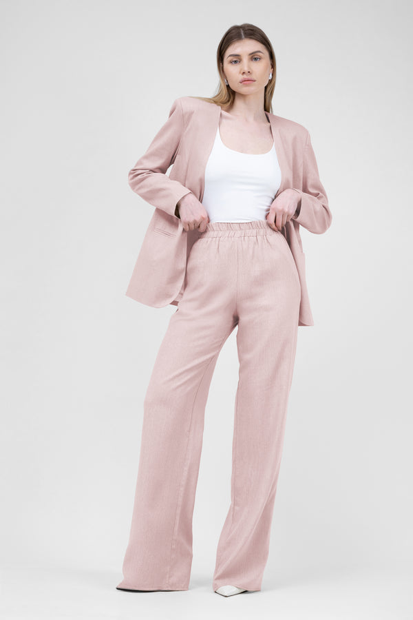 Pastel Pink Linen suit with blazer and straight trousers