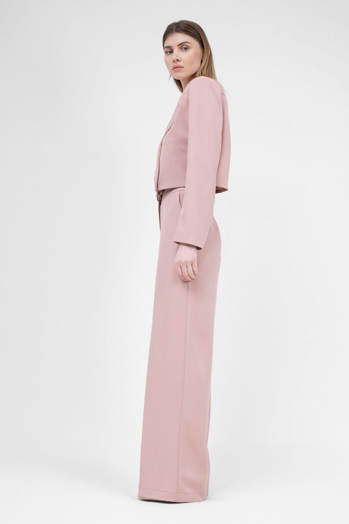 Pastel Pink Suit With Cropped Blazer And Ultra Wide Leg Trousers
