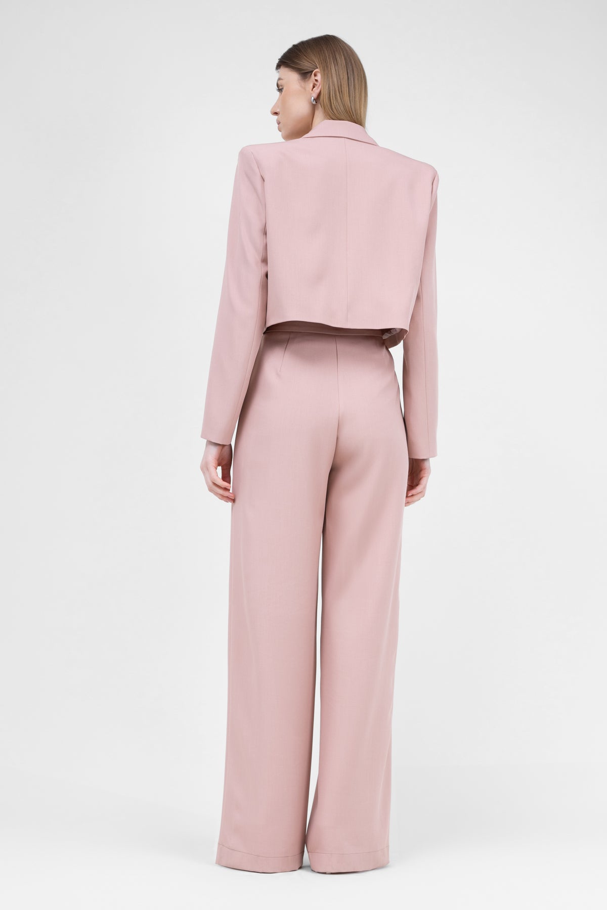 Pastel Pink Suit With Cropped Blazer And Ultra Wide Leg Trousers