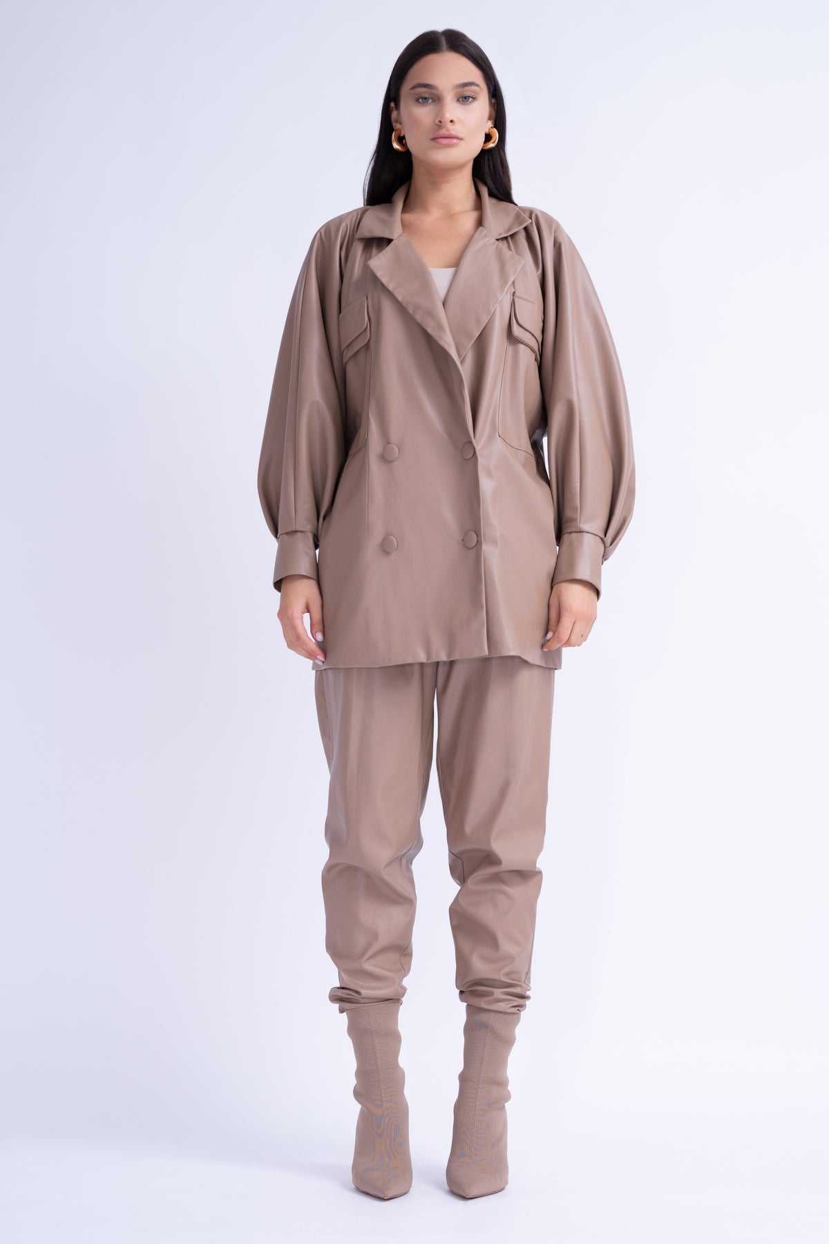 Beige Leather Oversized Blazer With Flap Pockets