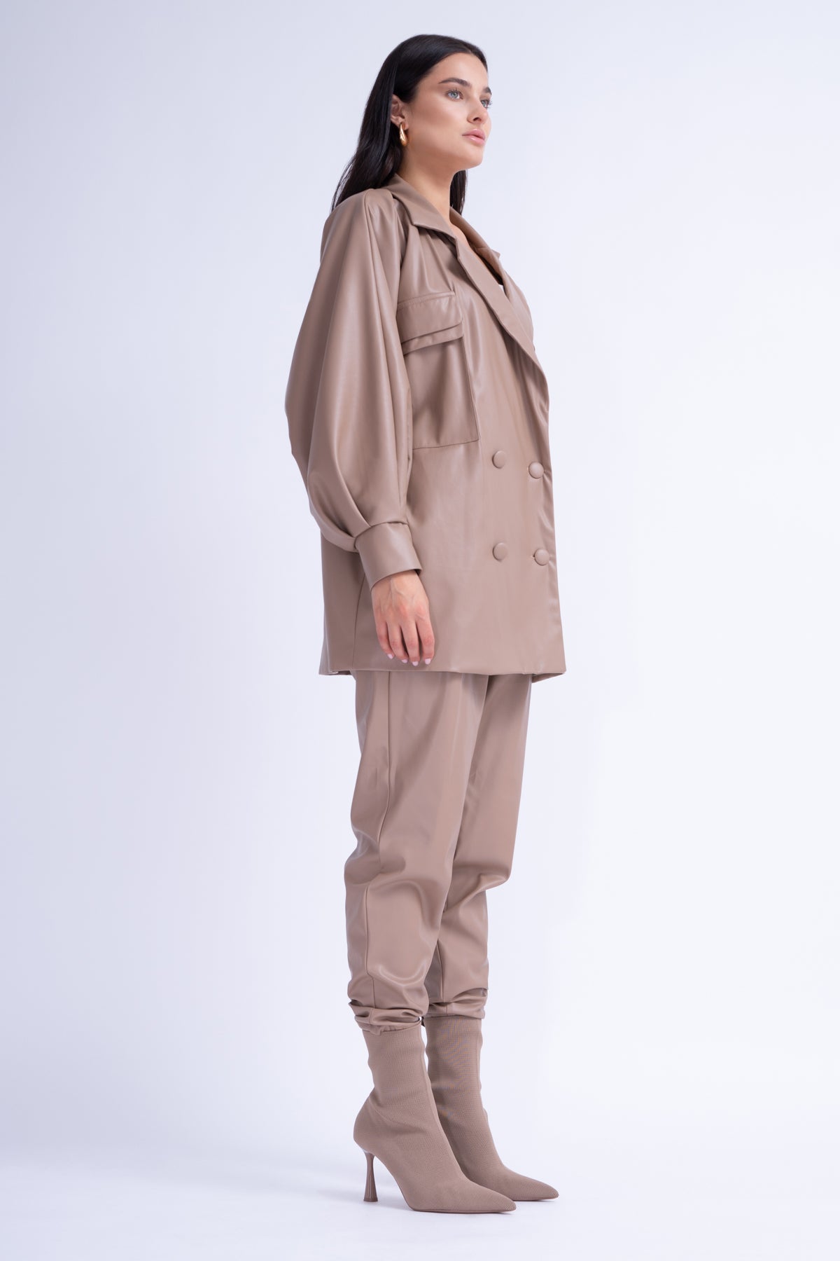 Beige Leather Oversized Blazer With Flap Pockets