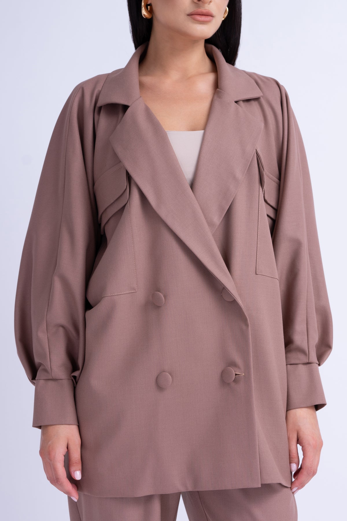 Brown Oversized Blazer With Flap Pockets