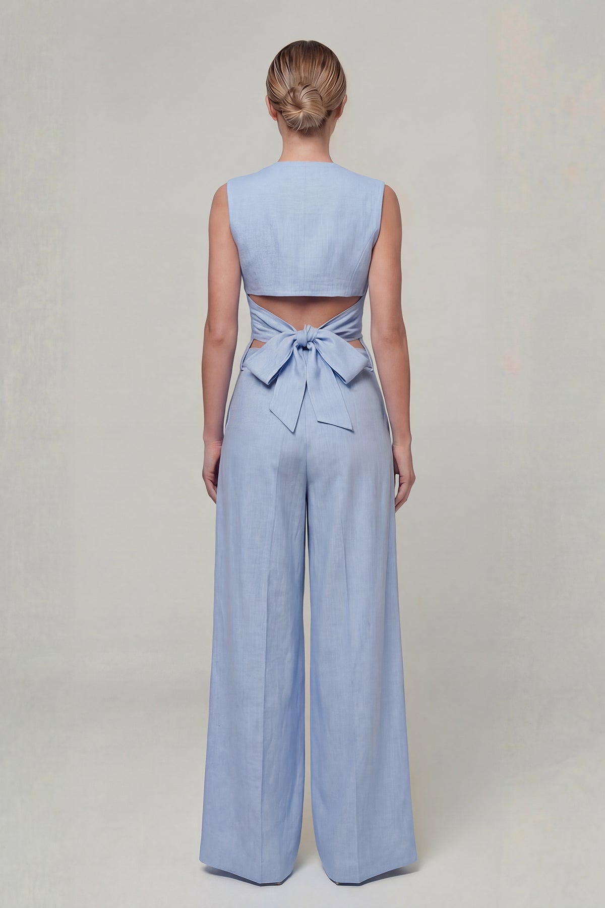 Blue Linen Set with Fitted Vest and Wide-Leg Trousers