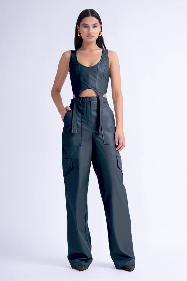Olive Leather Matching Set With Wide Leg Trousers and Corset Top