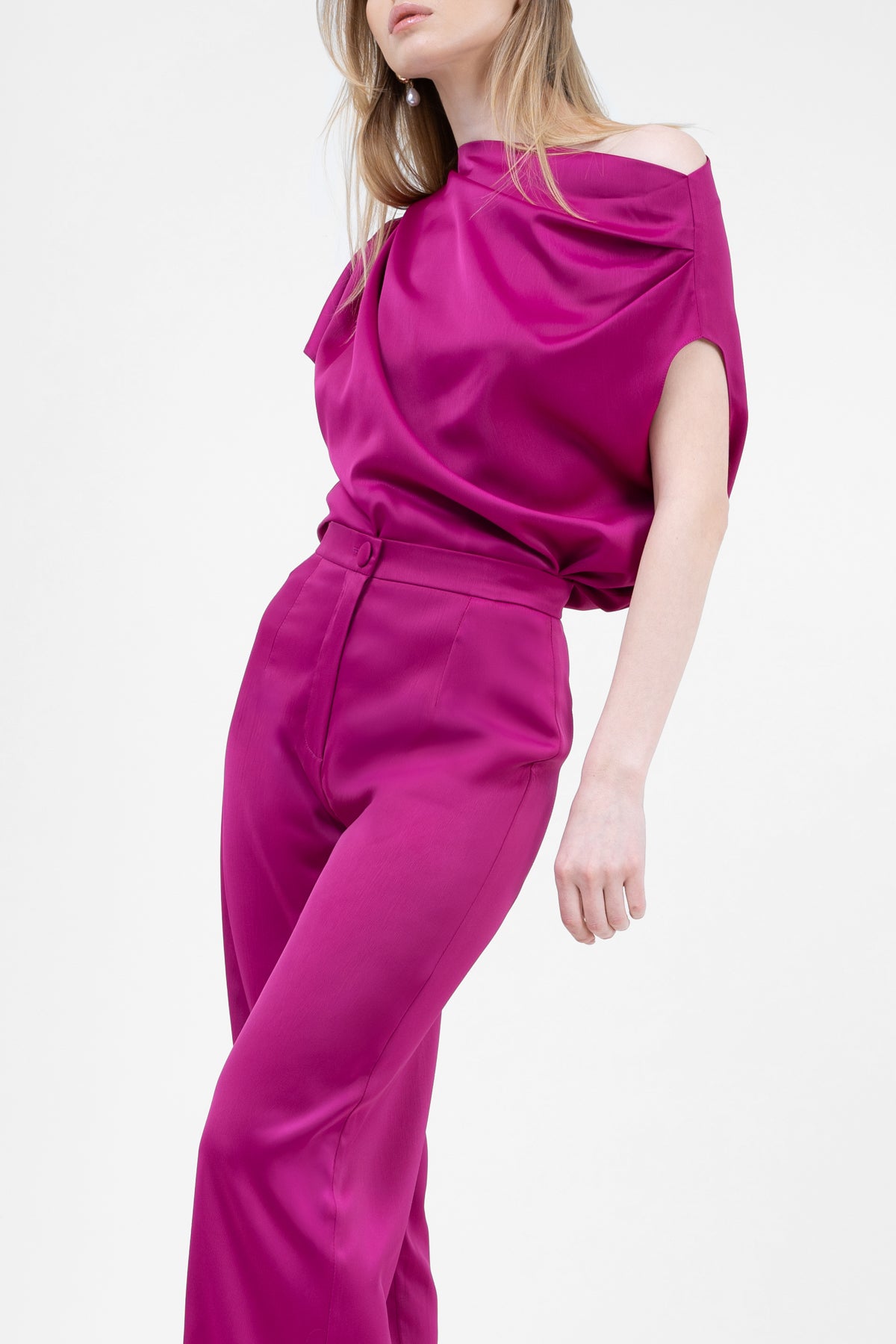 Fuchsia Set With Asymmetrical Draped Top And Wide Leg Trousers