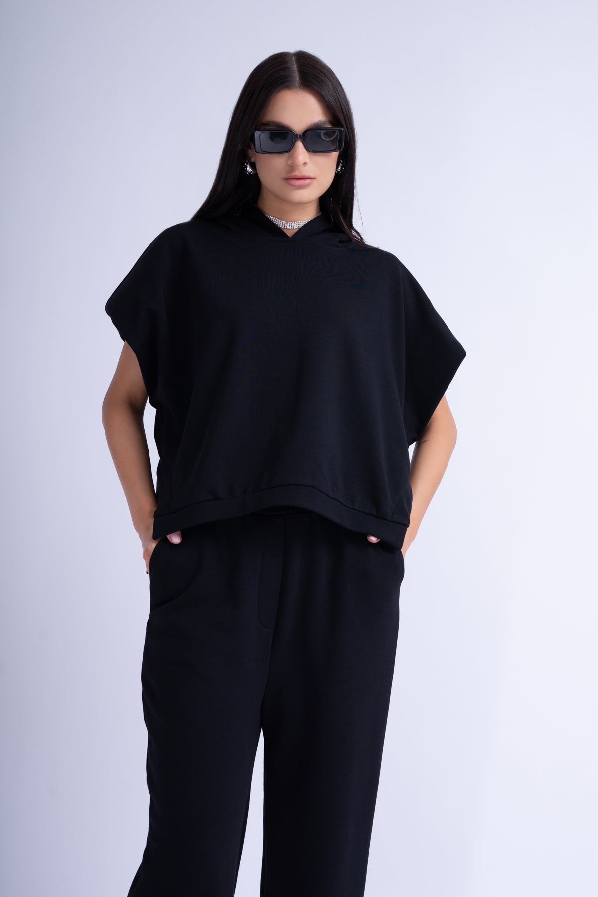 Black Matching Set With Vest Hoodie And Wide Leg Trousers Wide Side Slit