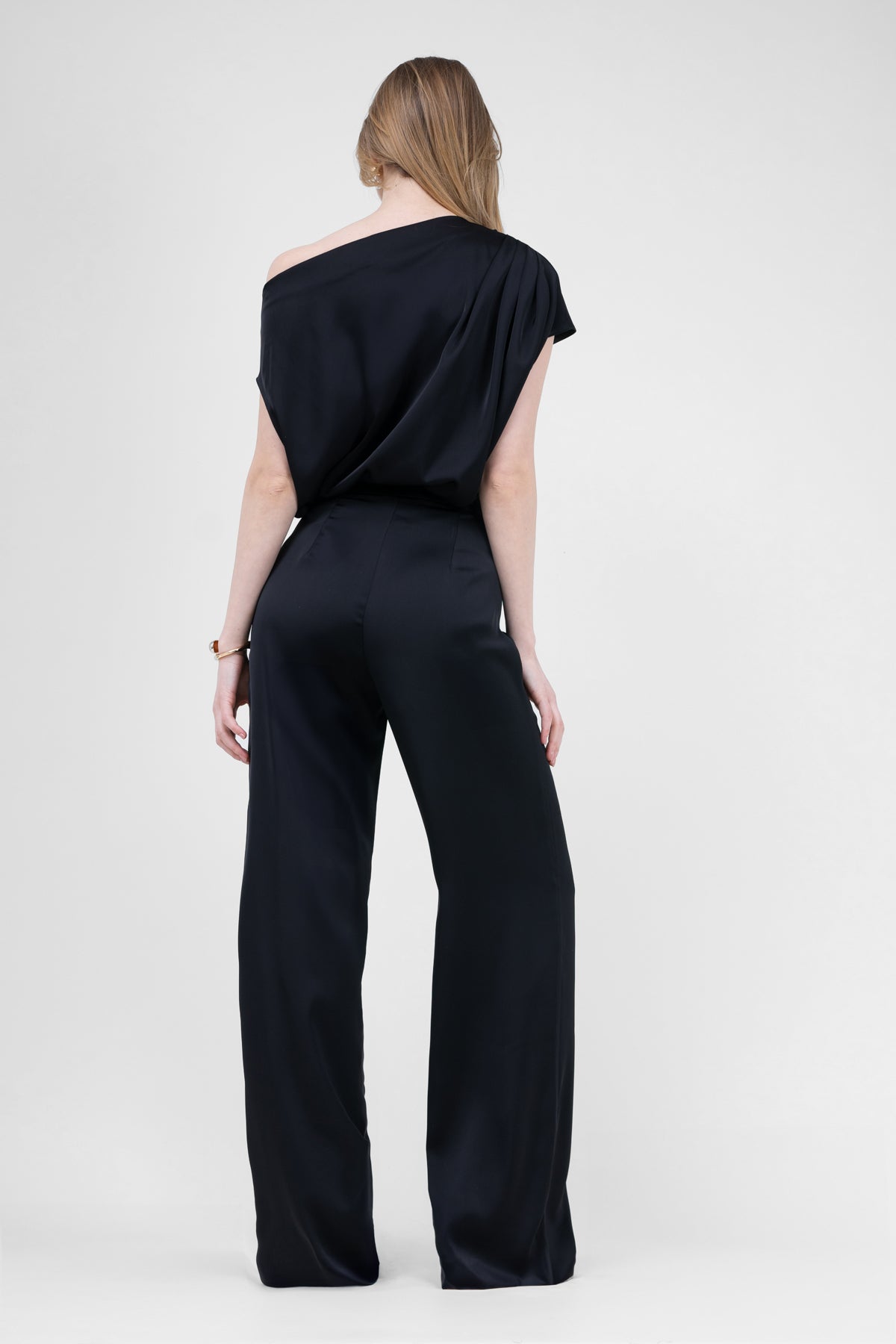 Black Set With Asymmetrical Draped Top And Wide Leg Trousers