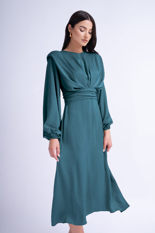 Turquoise Midi Dress With Shoulder Pads Detail And Pleats