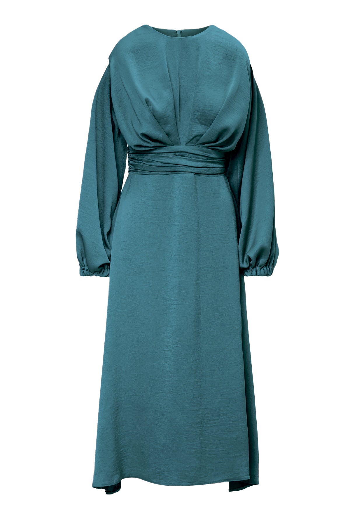 Rochie Midi Turcoaz cu Umeri Proeminenti si Pliuri