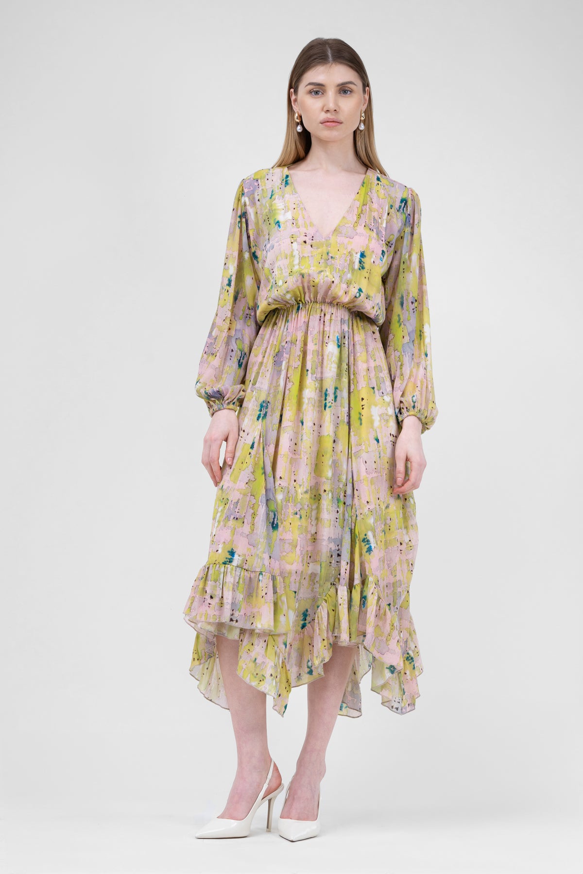 Green Midi Dress In Abstract Print With Pleats