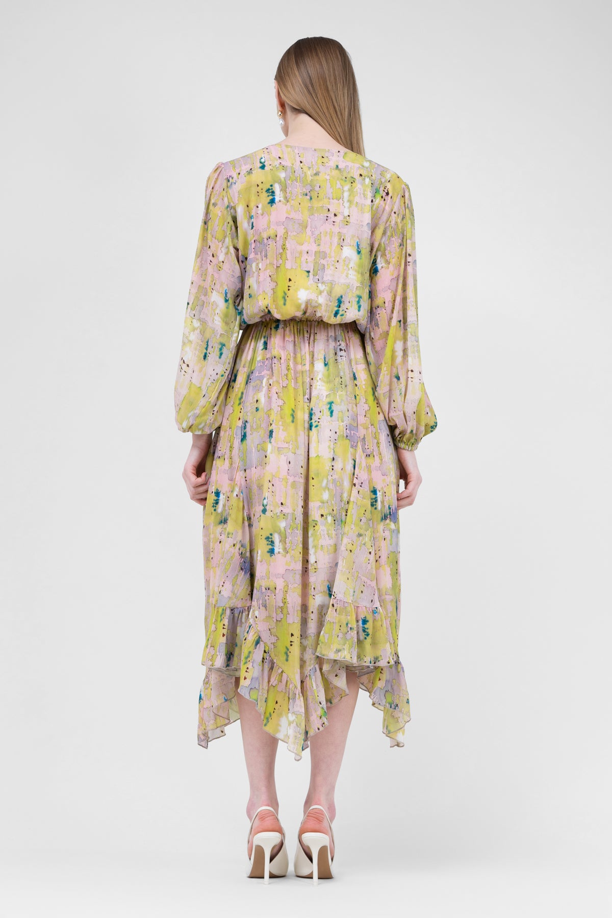 Green Midi Dress In Abstract Print With Pleats