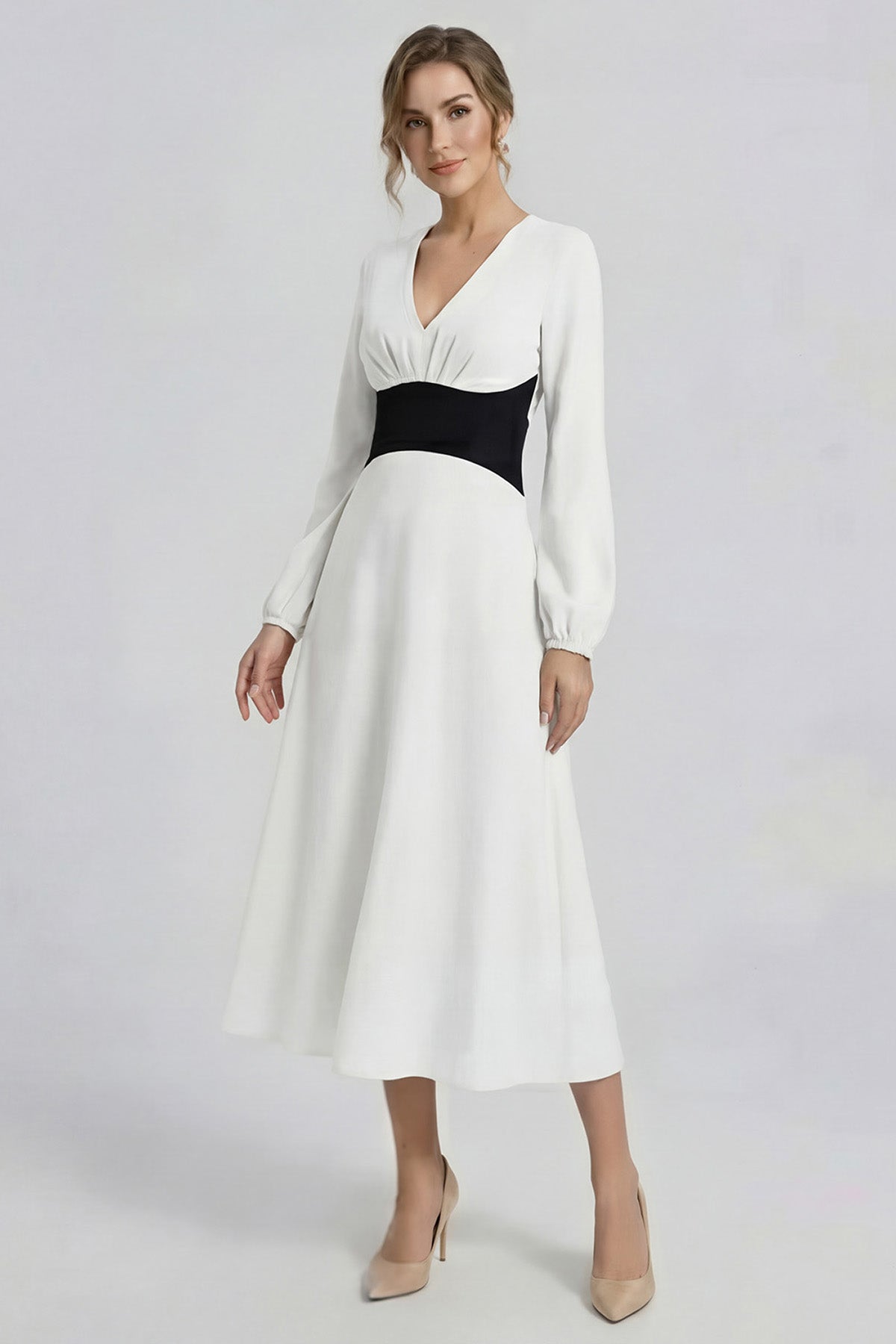 White Midi Dress With Defined Waist