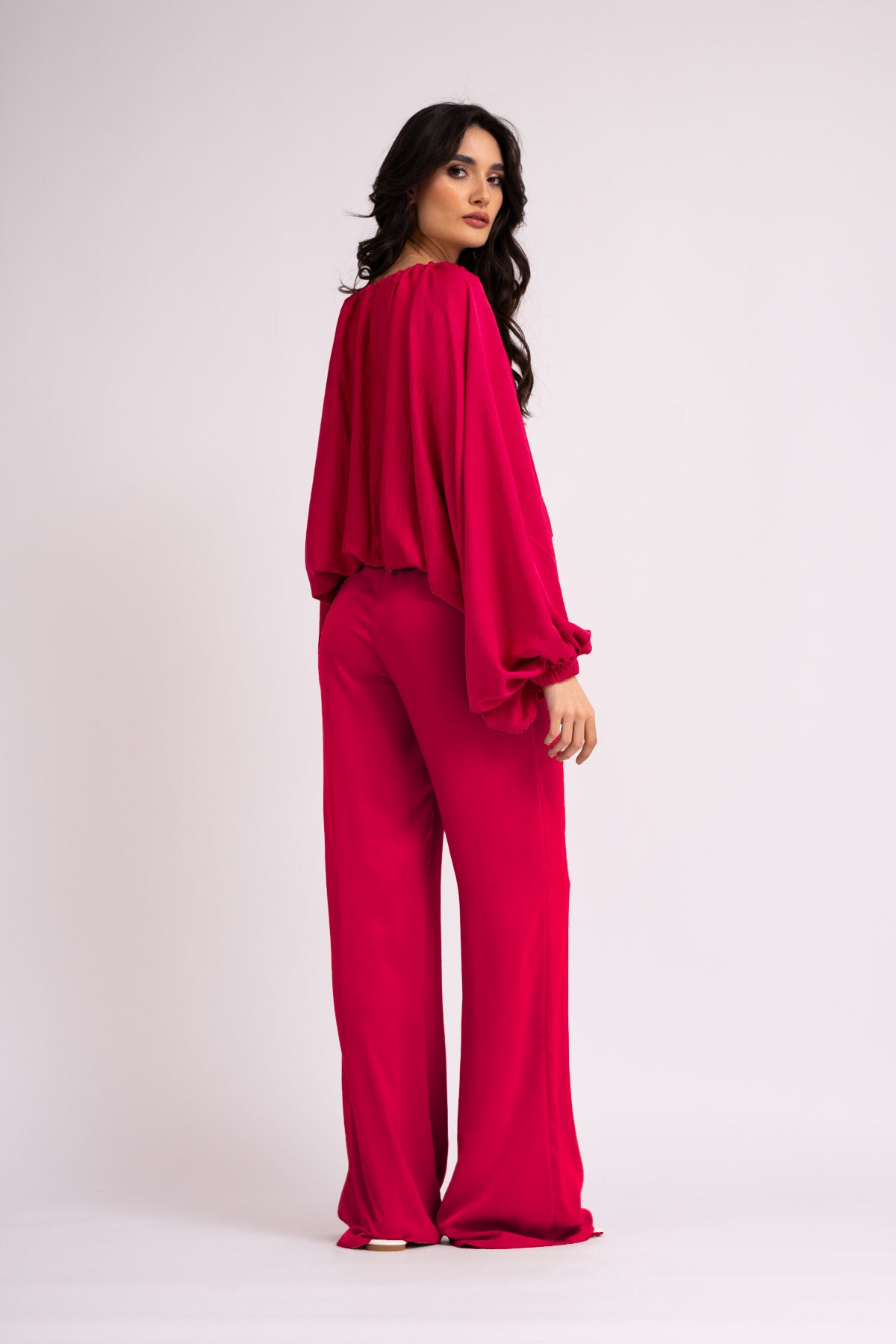 Neon pink set with blouse and wide leg trousers