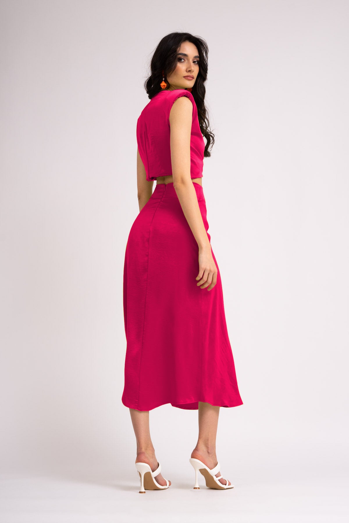 Set fuchsia cu top si fusta midi cu nod