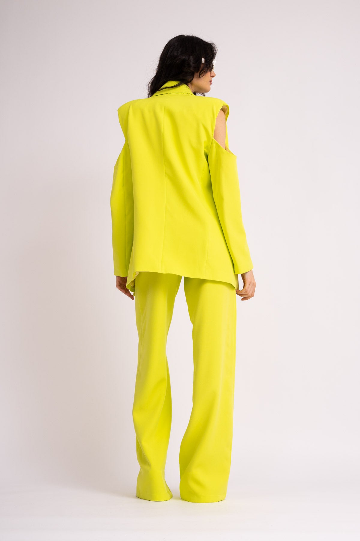 Lime suit with deconstructed shoulders blazer and wide leg trousers