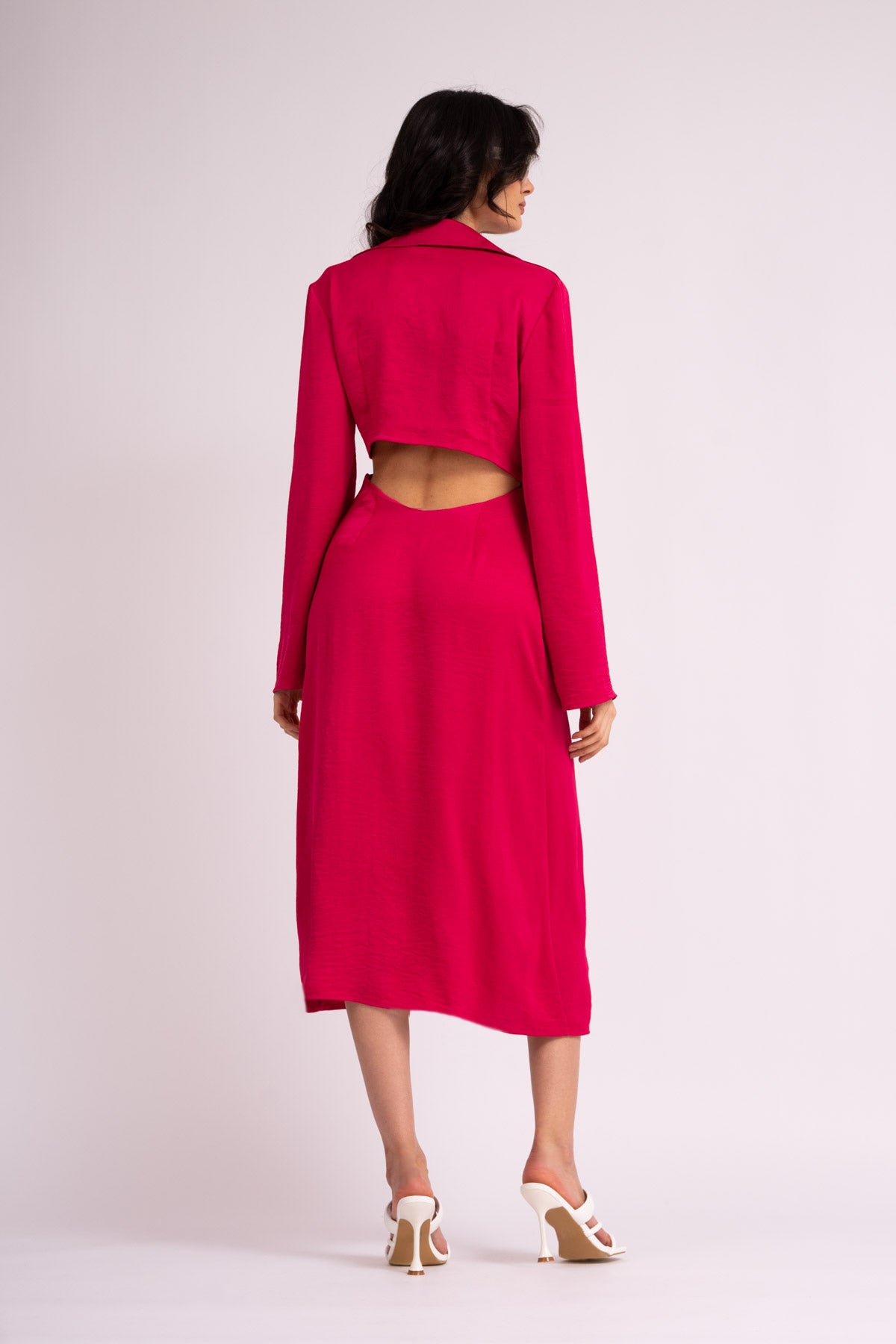 Rochie fuchsia midi cu maneca lunga si nod