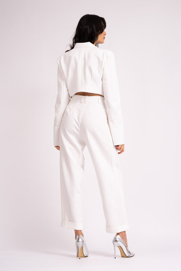 White suit with cropped blazer and trousers